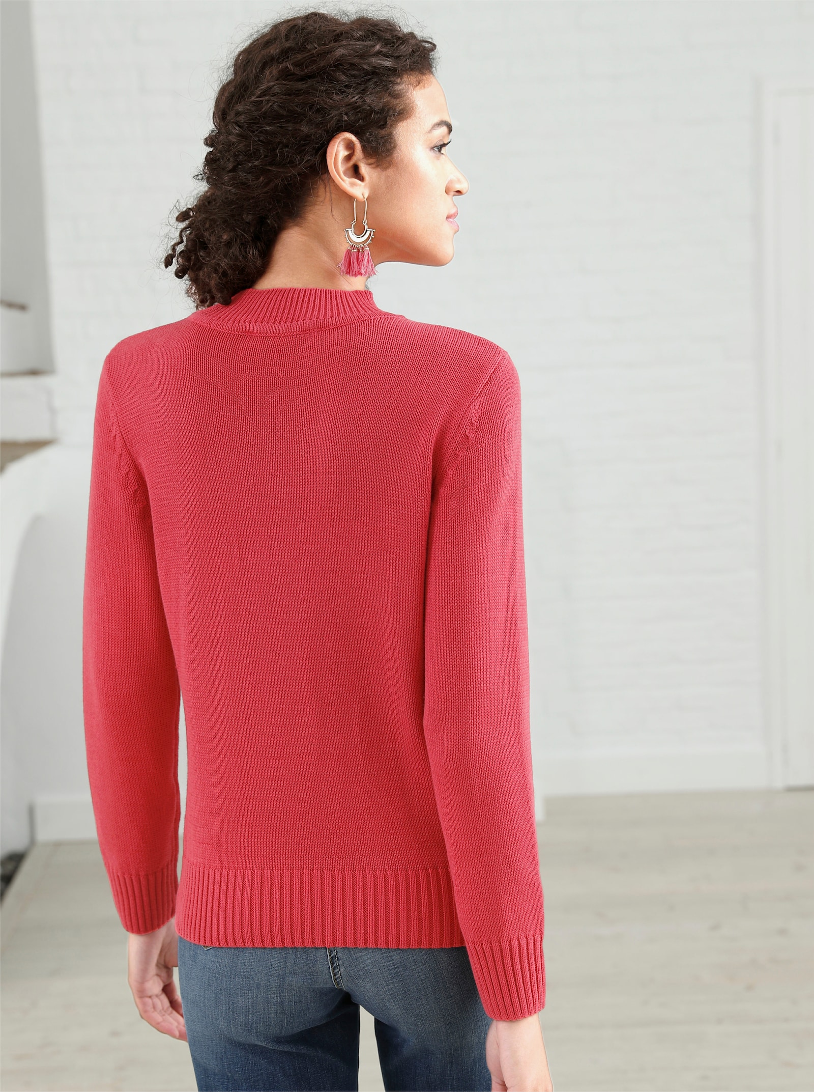 Stehkragenpullover mit Baumwolle - korallenrot