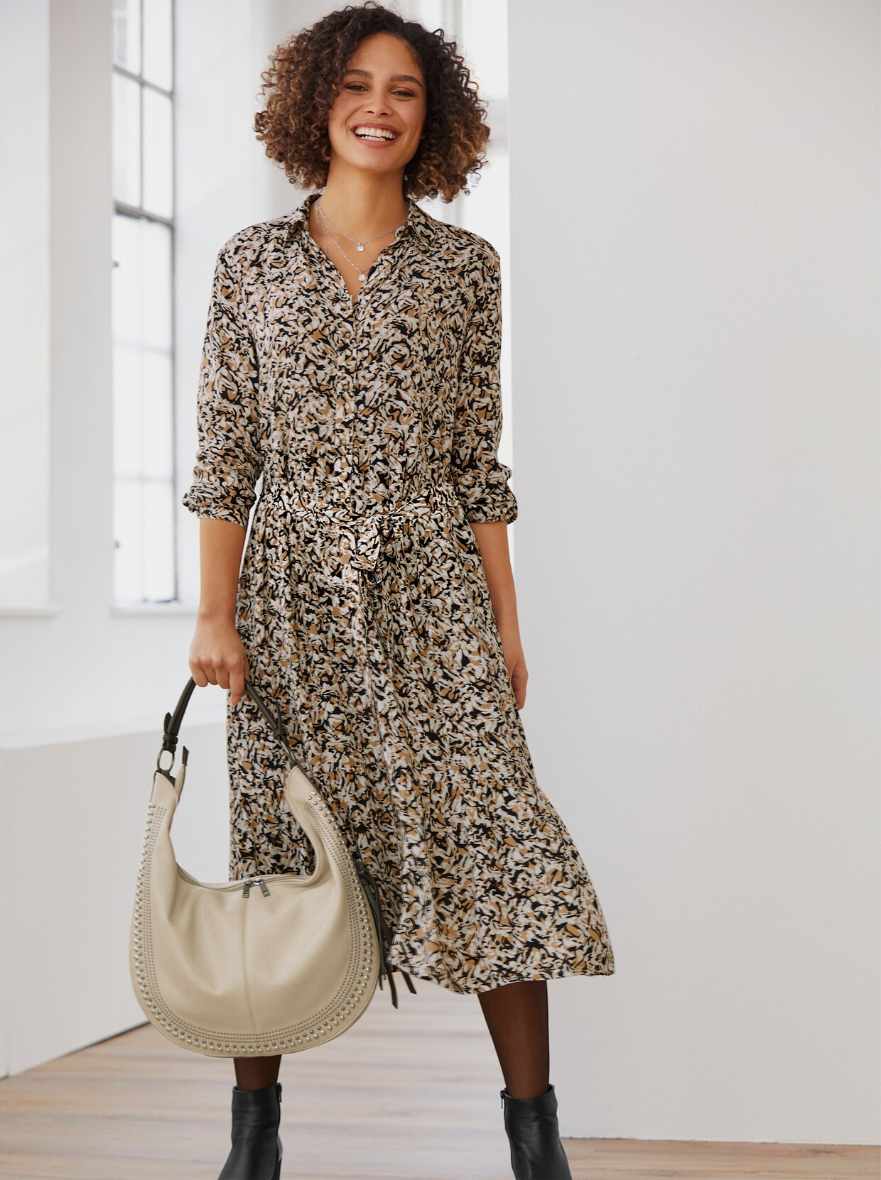 heine Druck-Kleid - schwarz-camel-bedruckt