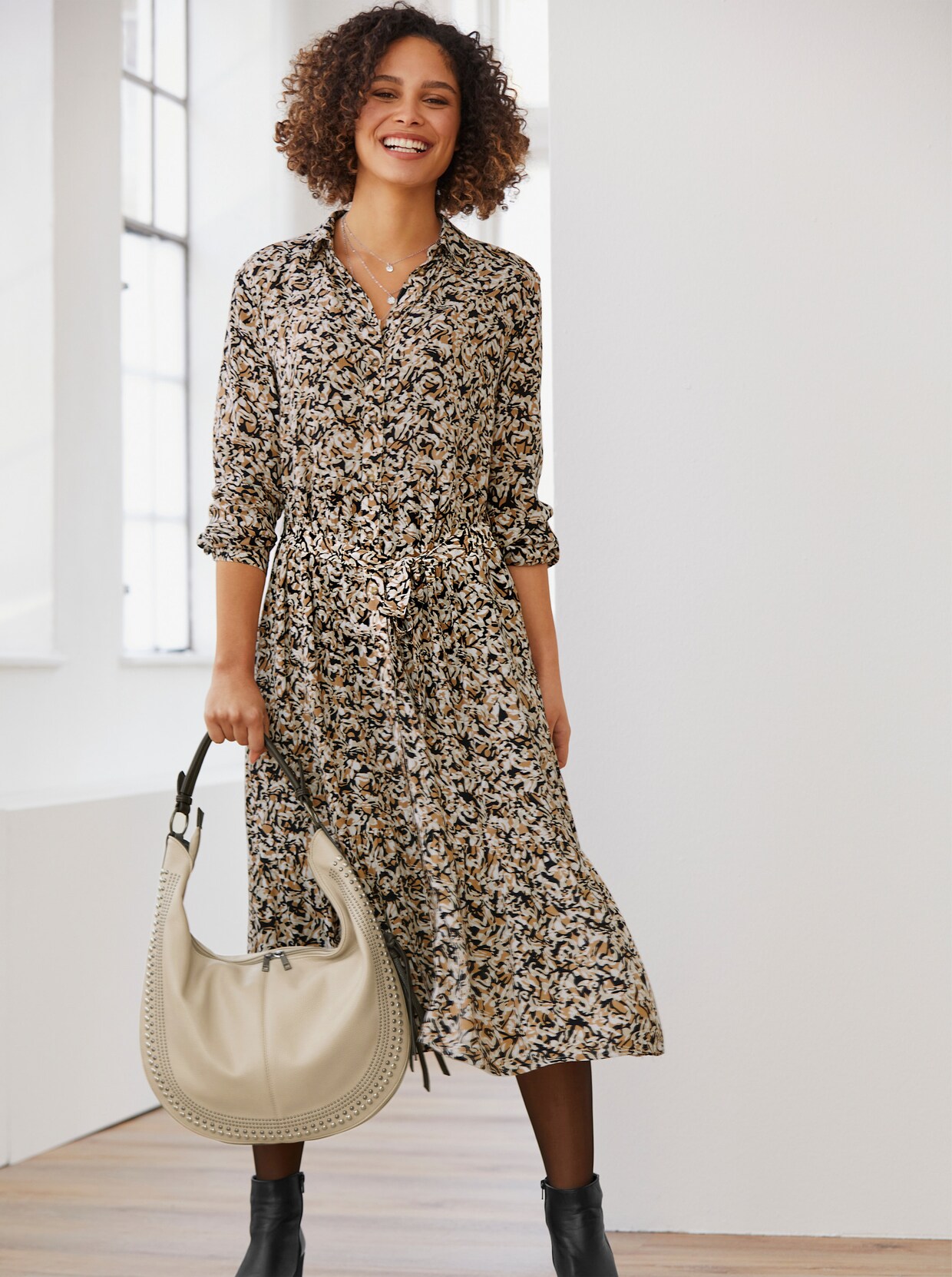 heine Druck-Kleid - schwarz-camel-bedruckt