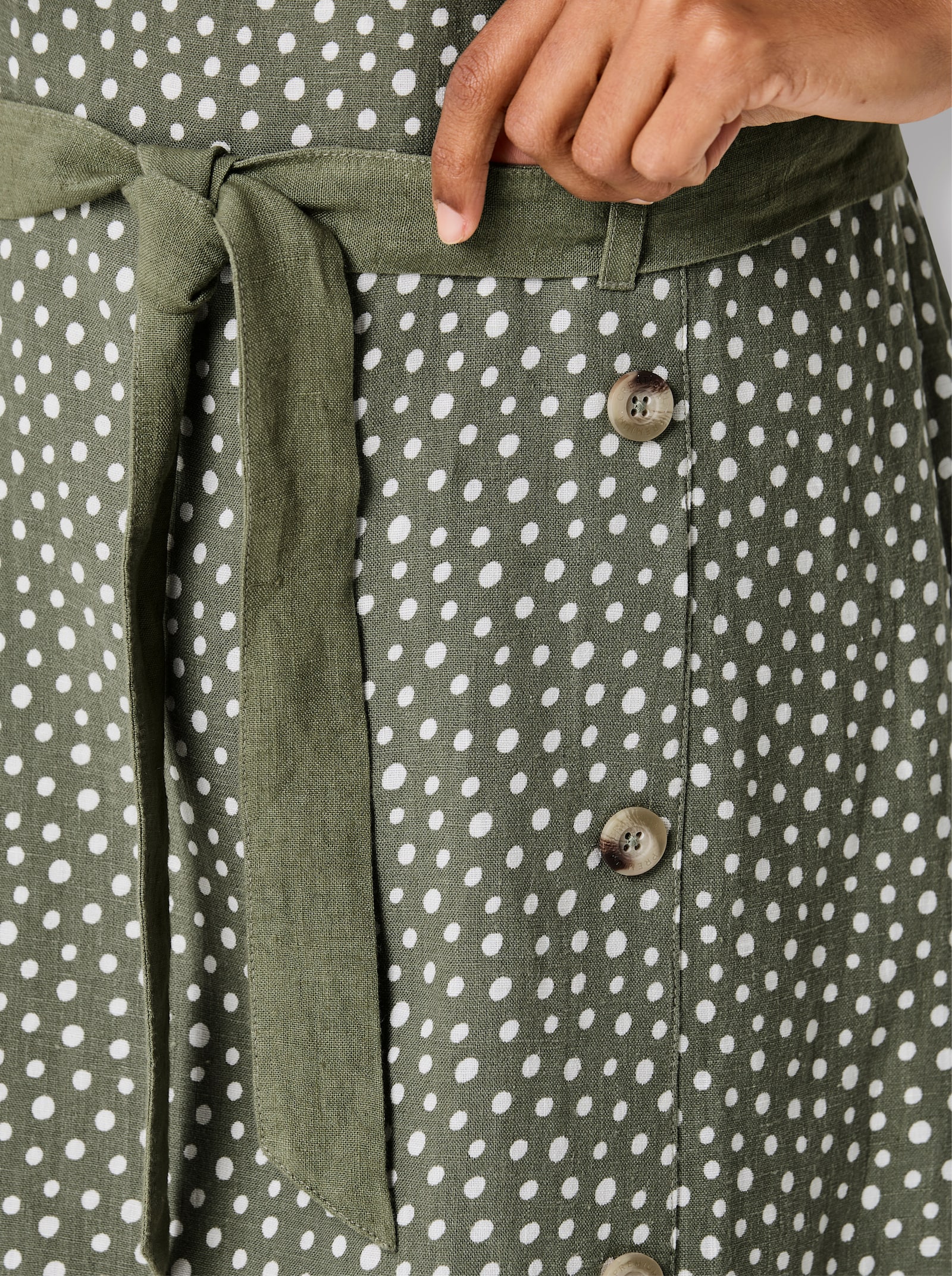 CREATION L PREMIUM Druckkleid aus reinem Leinen - khaki-weiss-bedruckt