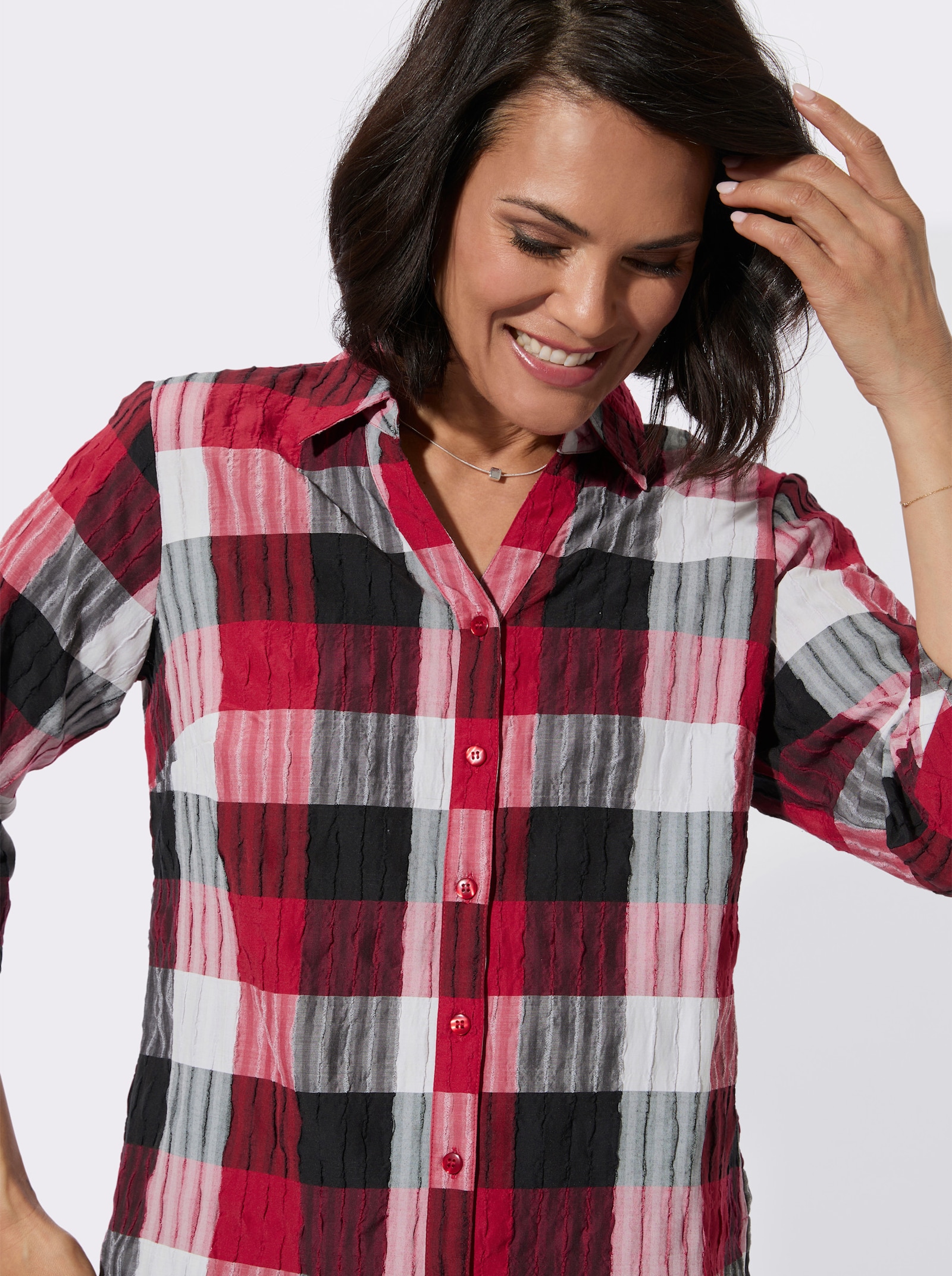 Karobluse mit 3/4-Ärmeln - rot-schwarz-kariert