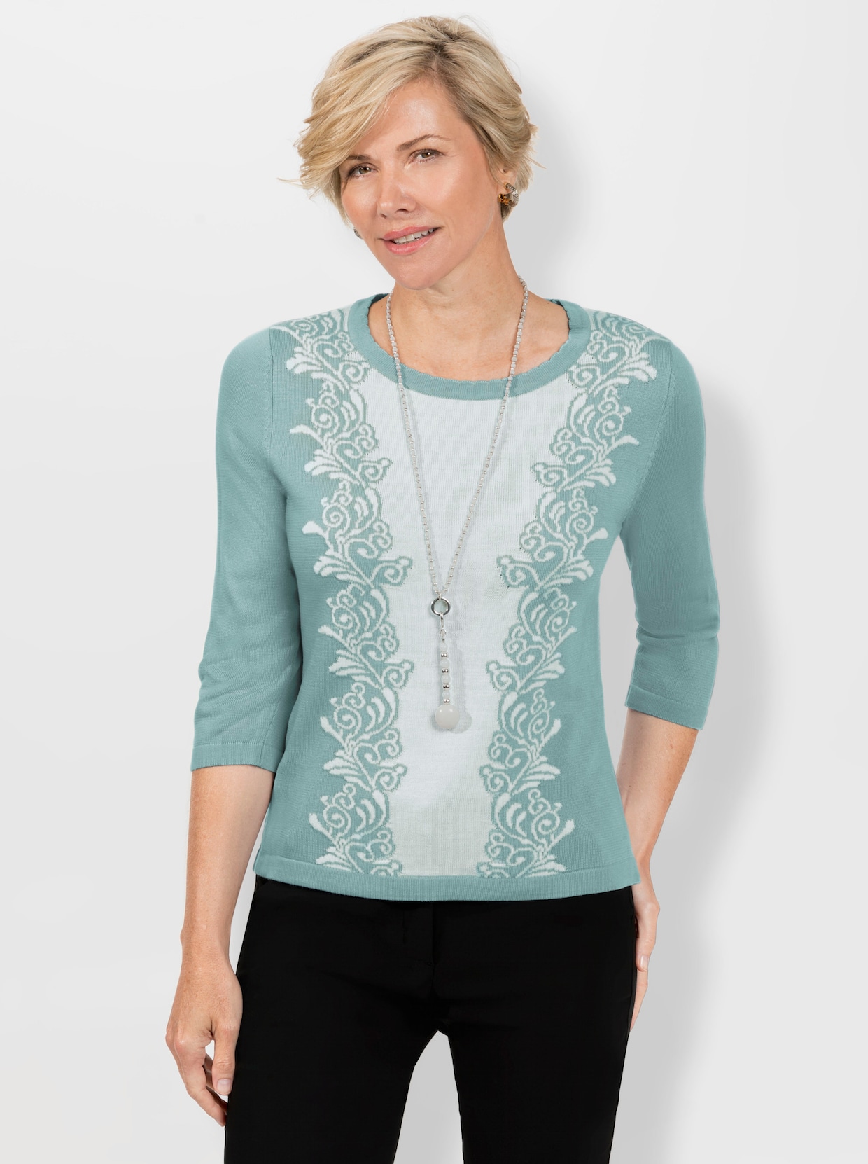 Pullover met ronde hals - mint/ecru gedessineerd