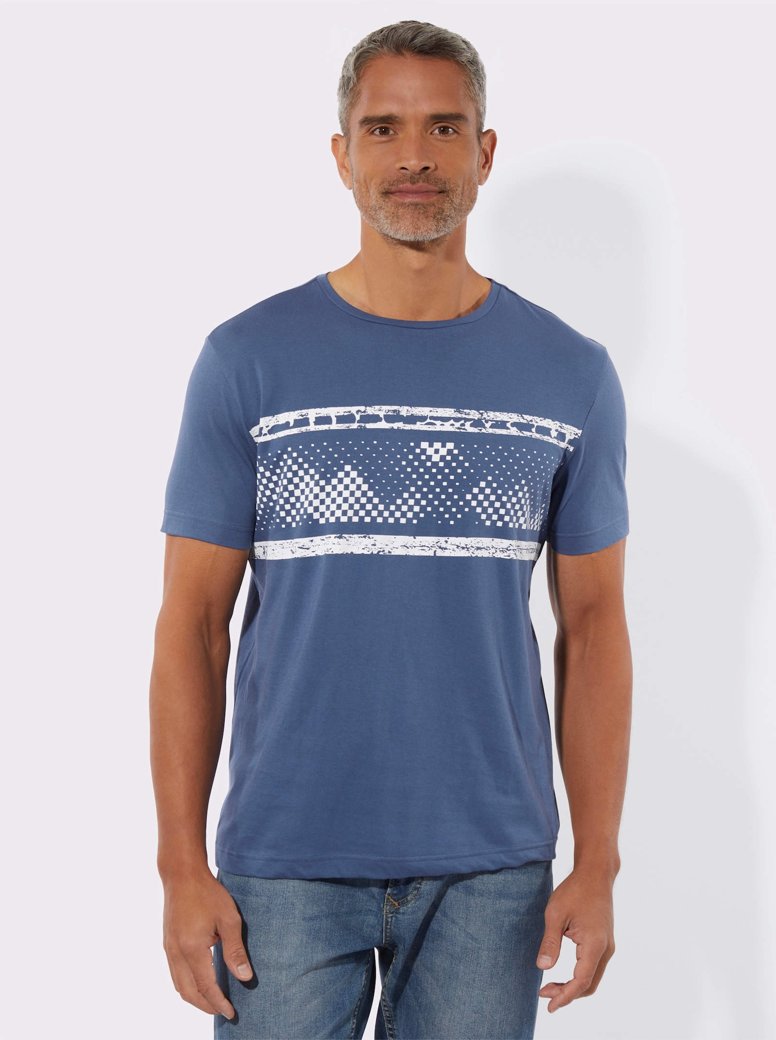 Tričko s kulatým výstřihem a potiskem na předním dílu - džínová modrá-bílá