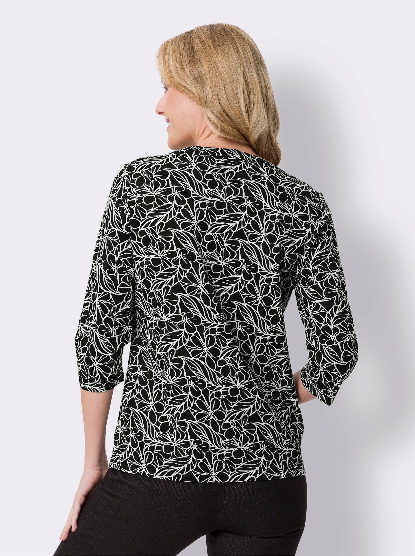 Shirt met 3/4-mouwen in bloemdessin - zwart/ecru geprint