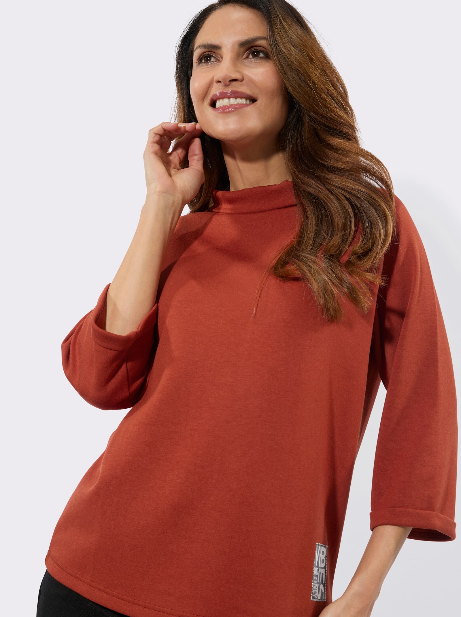 3/4-Arm-Shirt mit halsfernem Rollkragen - rostrot