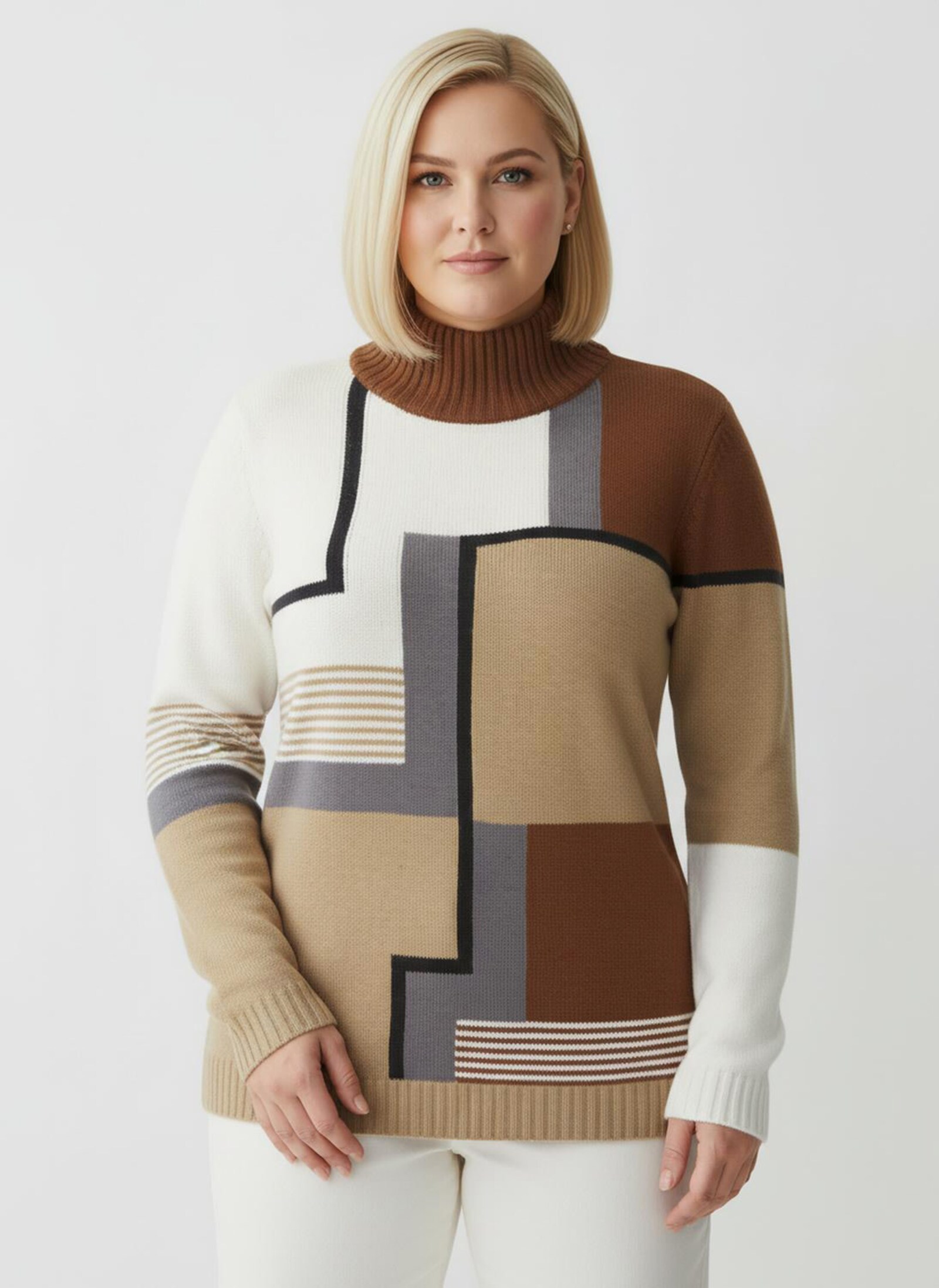 Stehkragenpullover mit Intarsien-Strick - ecru-camel-gemustert