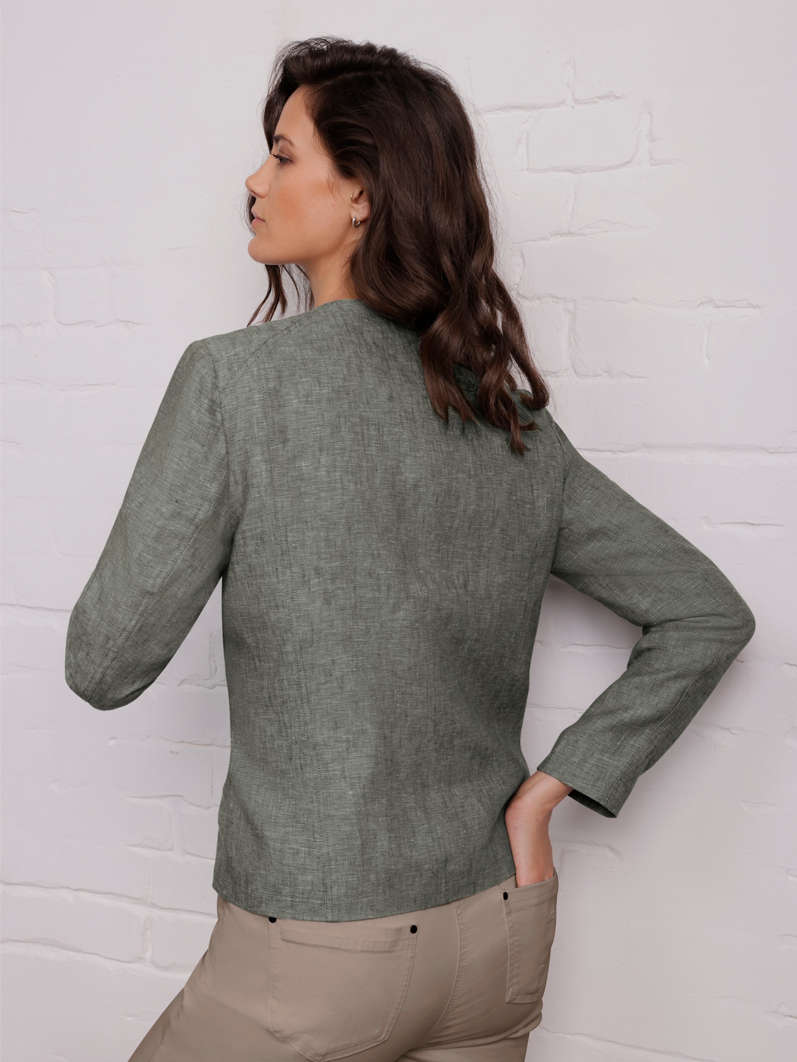 CREATION L PREMIUM Leinenblazer mit Reißverschluss-Taschen - khaki-weiß-meliert