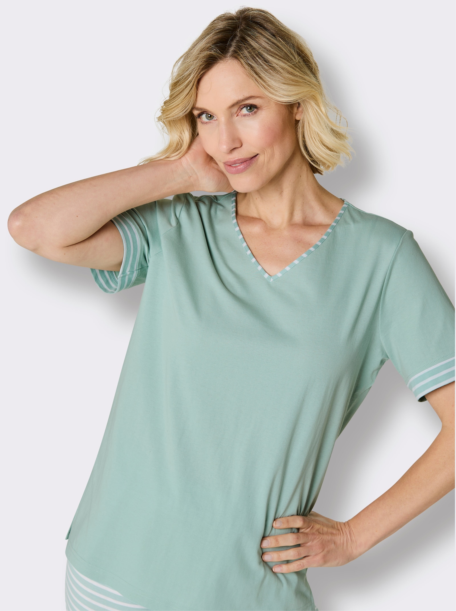 wäschepur Schlafshirt mit Ringelblende - kalkmint-weiß-geringelt