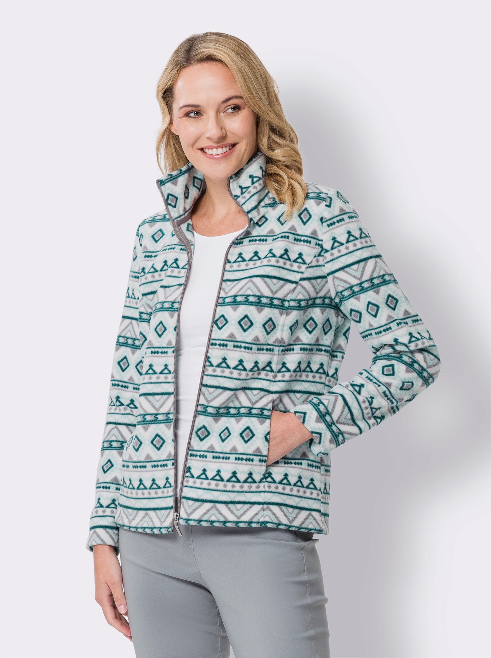 Fleecejacke mit Grafik-Muster - petrol-ecru-bedruckt