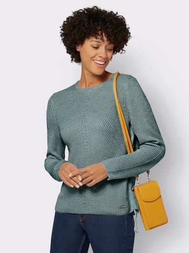 Rundhalspullover mit Kordeldurchzug am Saum - jade-ecru-meliert