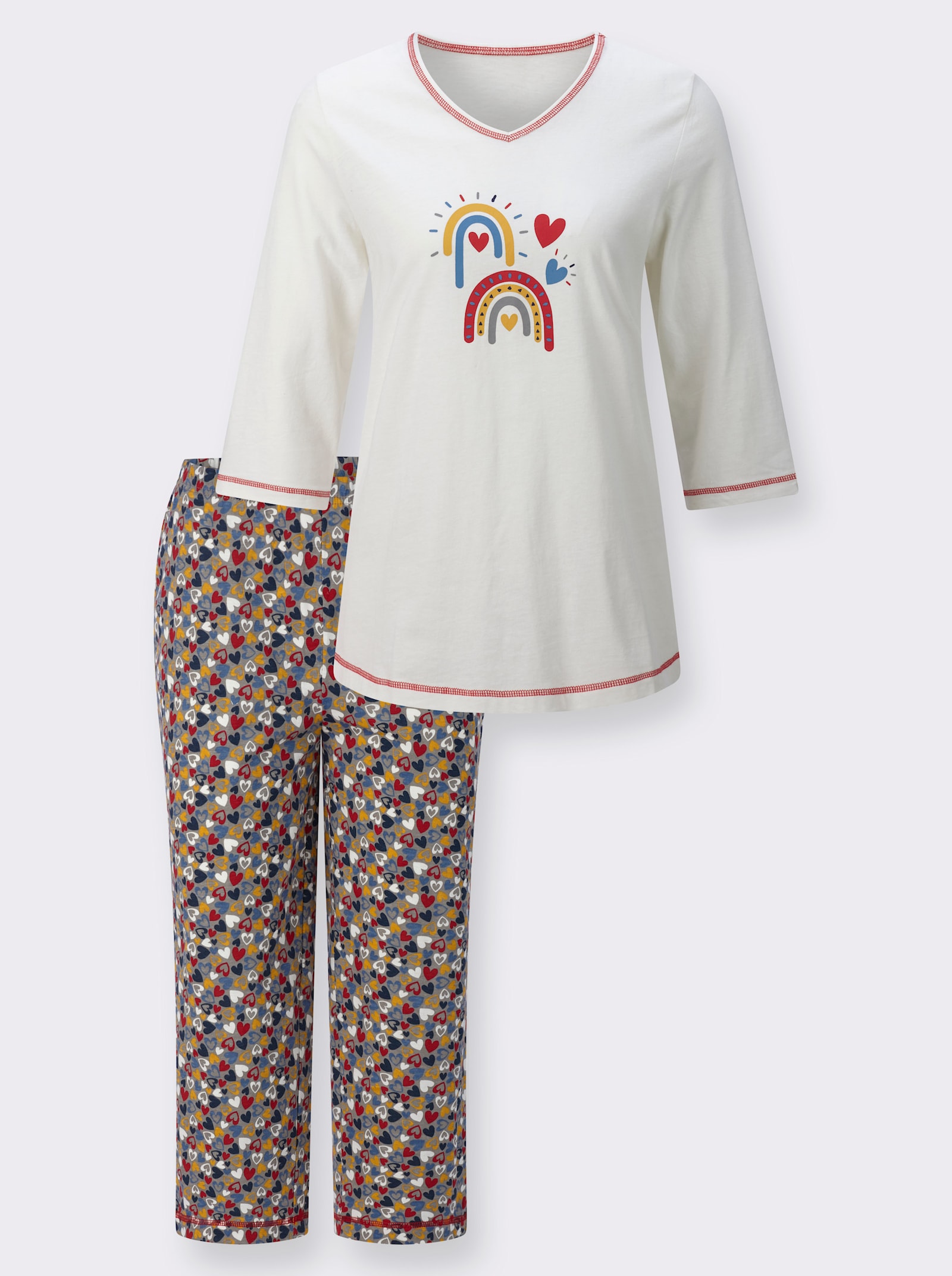 Schlafanzug mit Kontrastnähten - ecru-steingrau-bedruckt