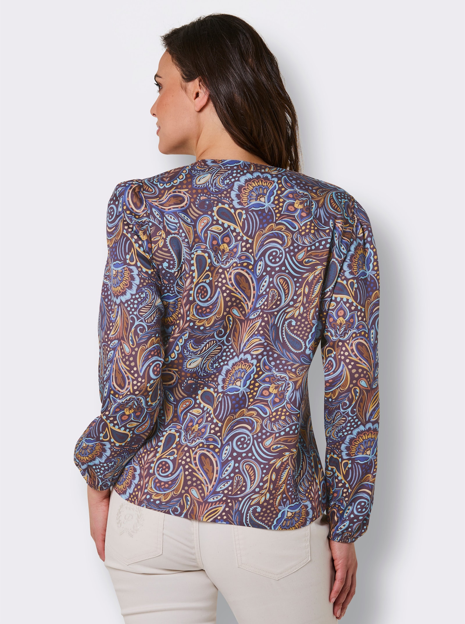 CREATION L PREMIUM Druckbluse mit Paisley-Dessin - taubenblau-ecru-gemustert
