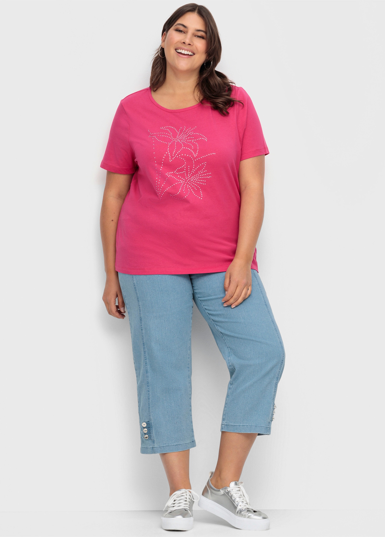 Kurzarmshirt mit Steinchen verziert - pink