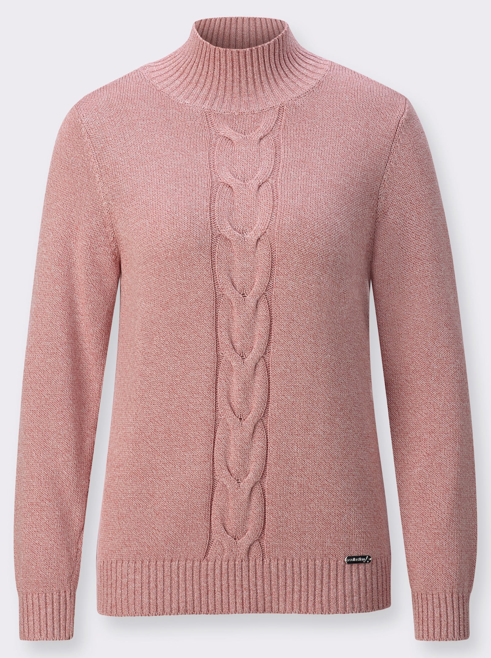 Stehkragenpullover mit Zopfmuster im Vorderteil - rosenholz-ecru-meliert