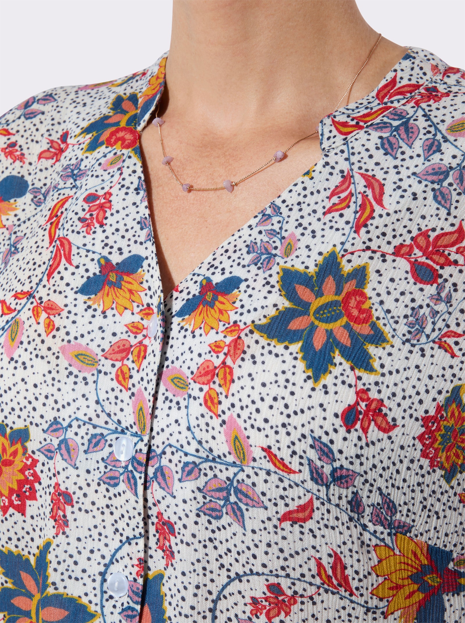 Kurzarmbluse in strukturierter Qualität - weiß-erdbeere-bedruckt