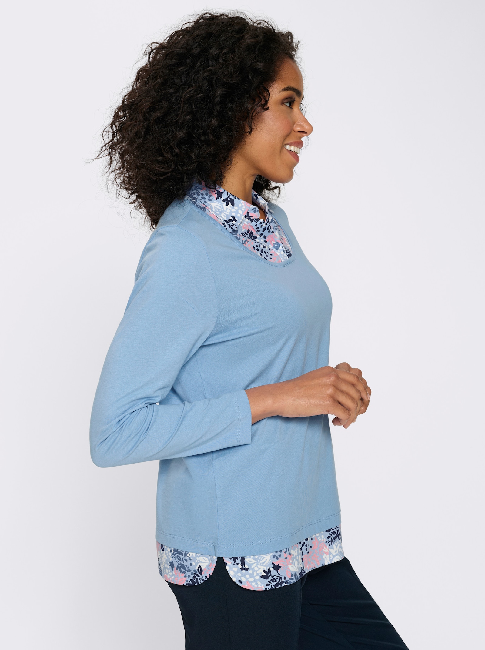 2-in-1-Shirt mit Einsätzen im Blumen-Dessin - himmelblau