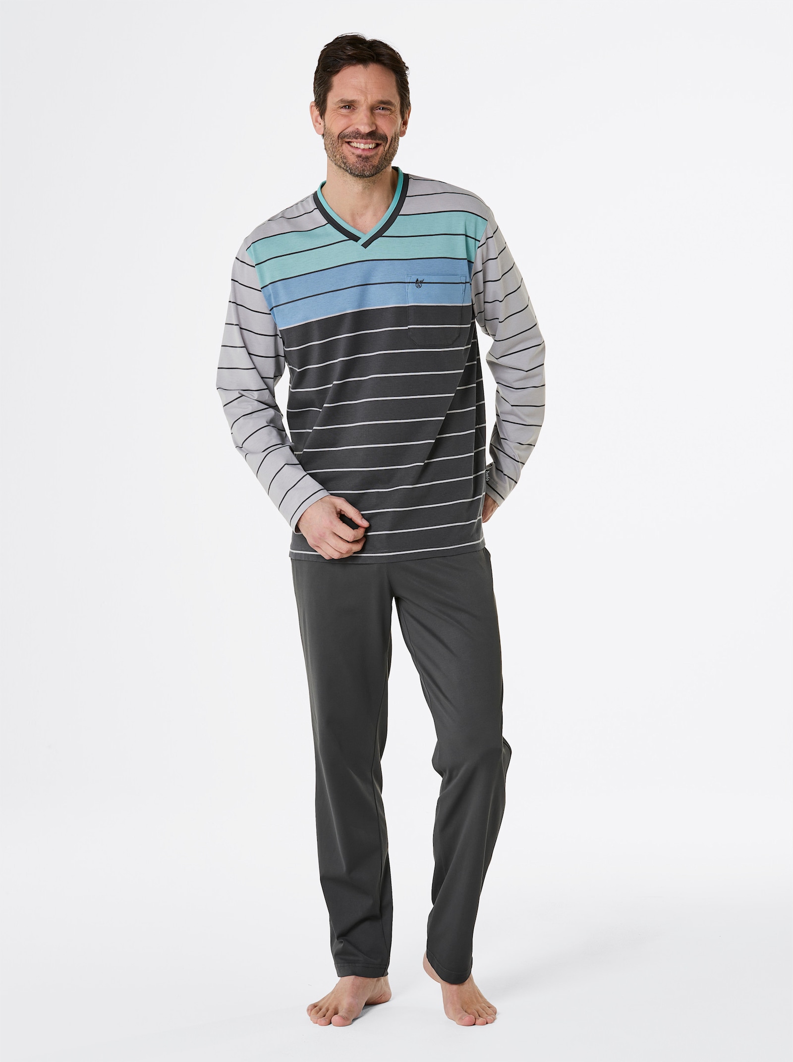 Hajo Schlafanzug - anthrazit-hellgrau-geringelt