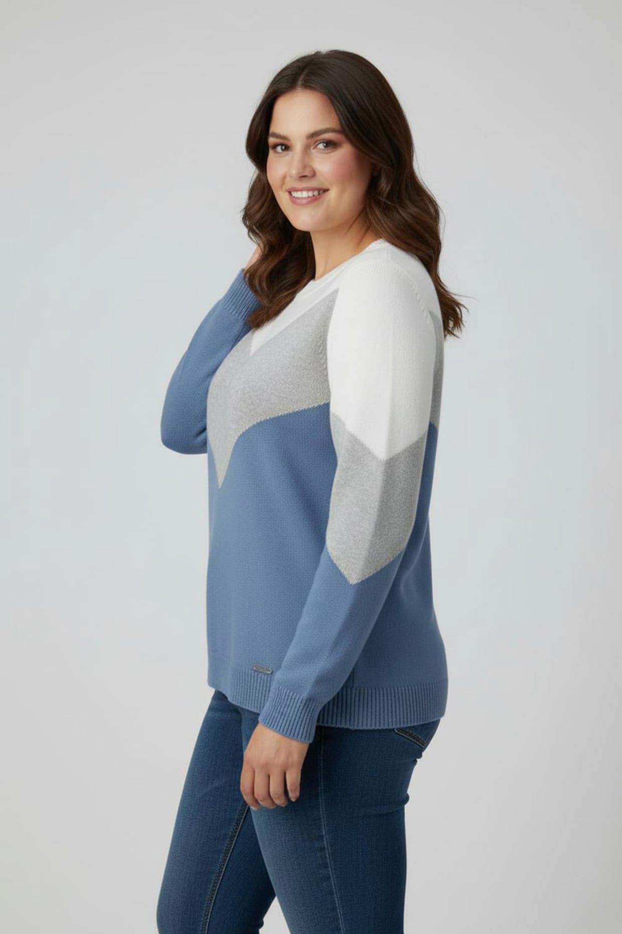 Rundhalspullover mit Colour-Blocking - mittelblau-hellgrau-meliert