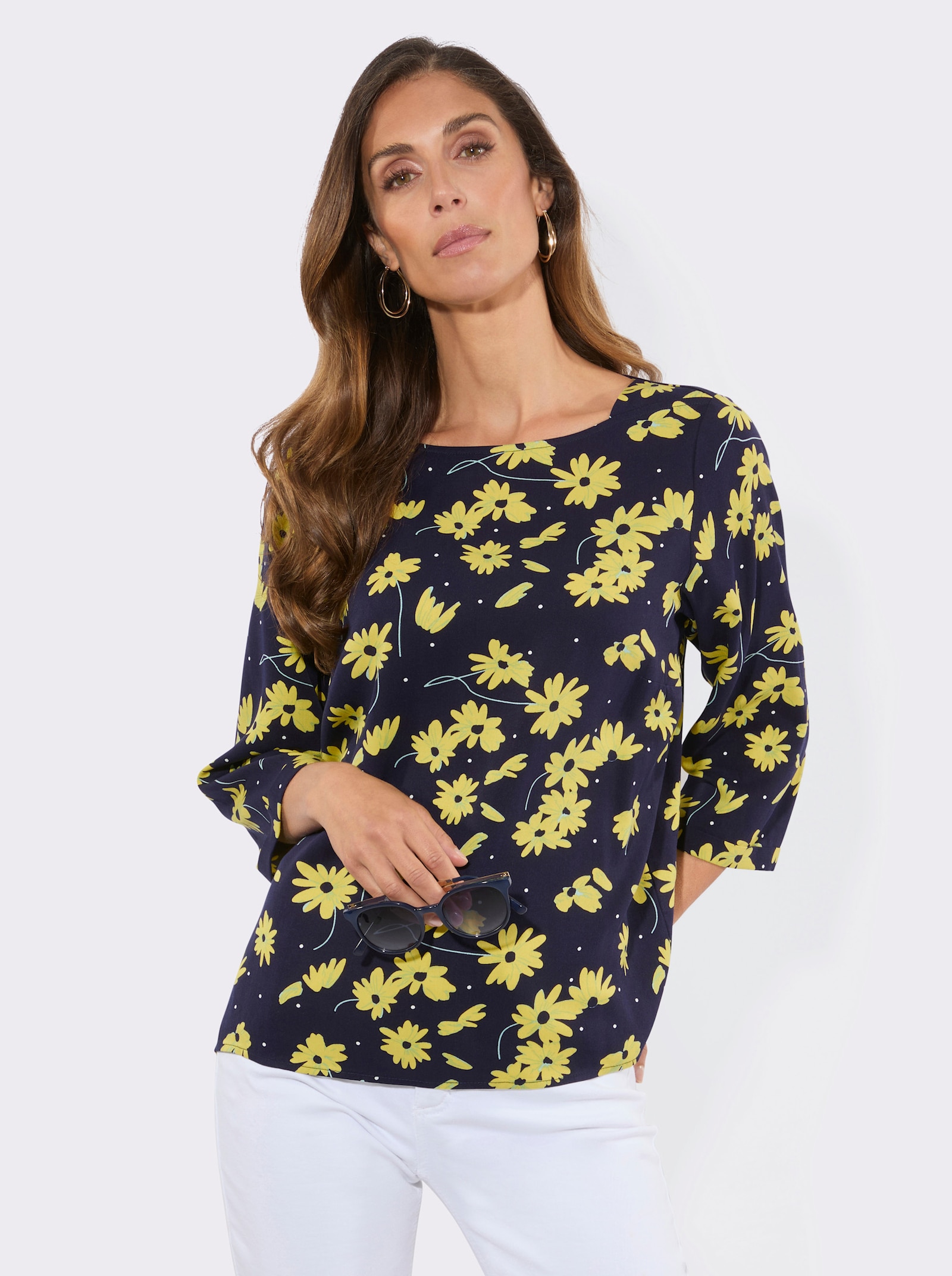 Druckbluse mit U-Boot-Ausschnitt - marine-limone-bedruckt
