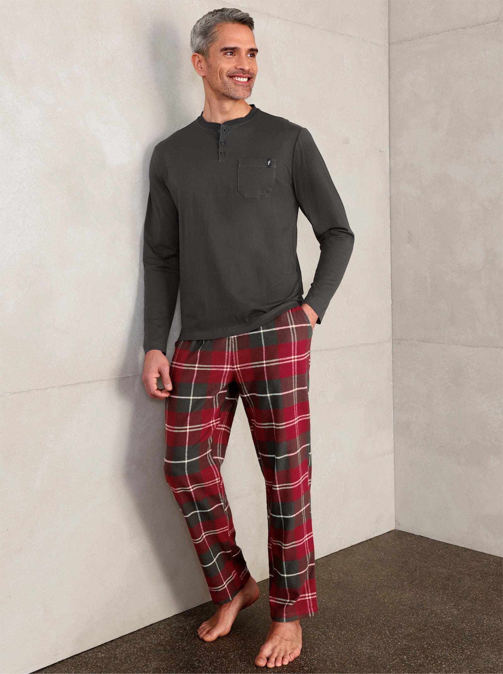 wäschepur men Pyjama - grafiet/donkerrood geruit