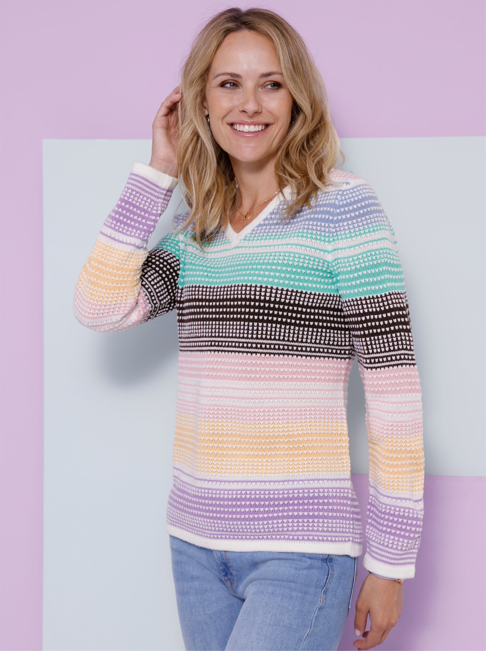 Pullover met lange mouw en V-hals - roze/blue gedessineerd