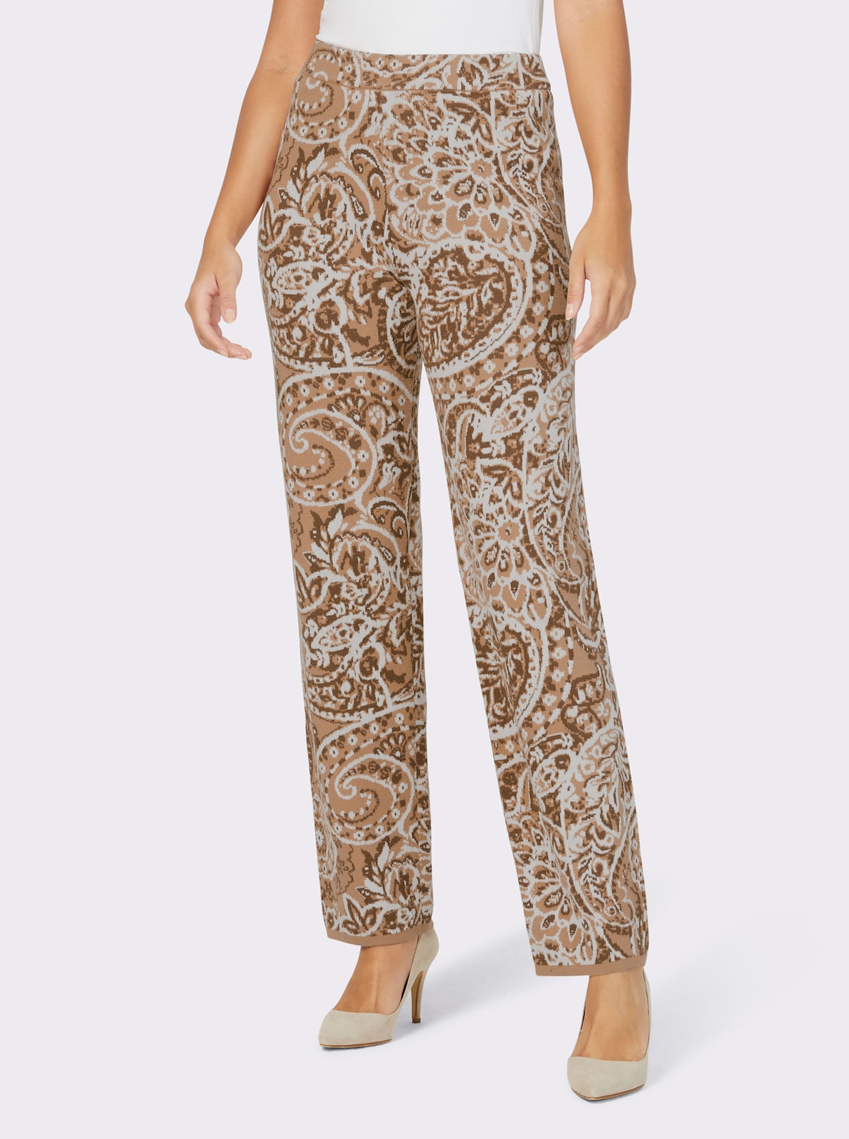 Broek van tricot - ecru/camel gedessineerd