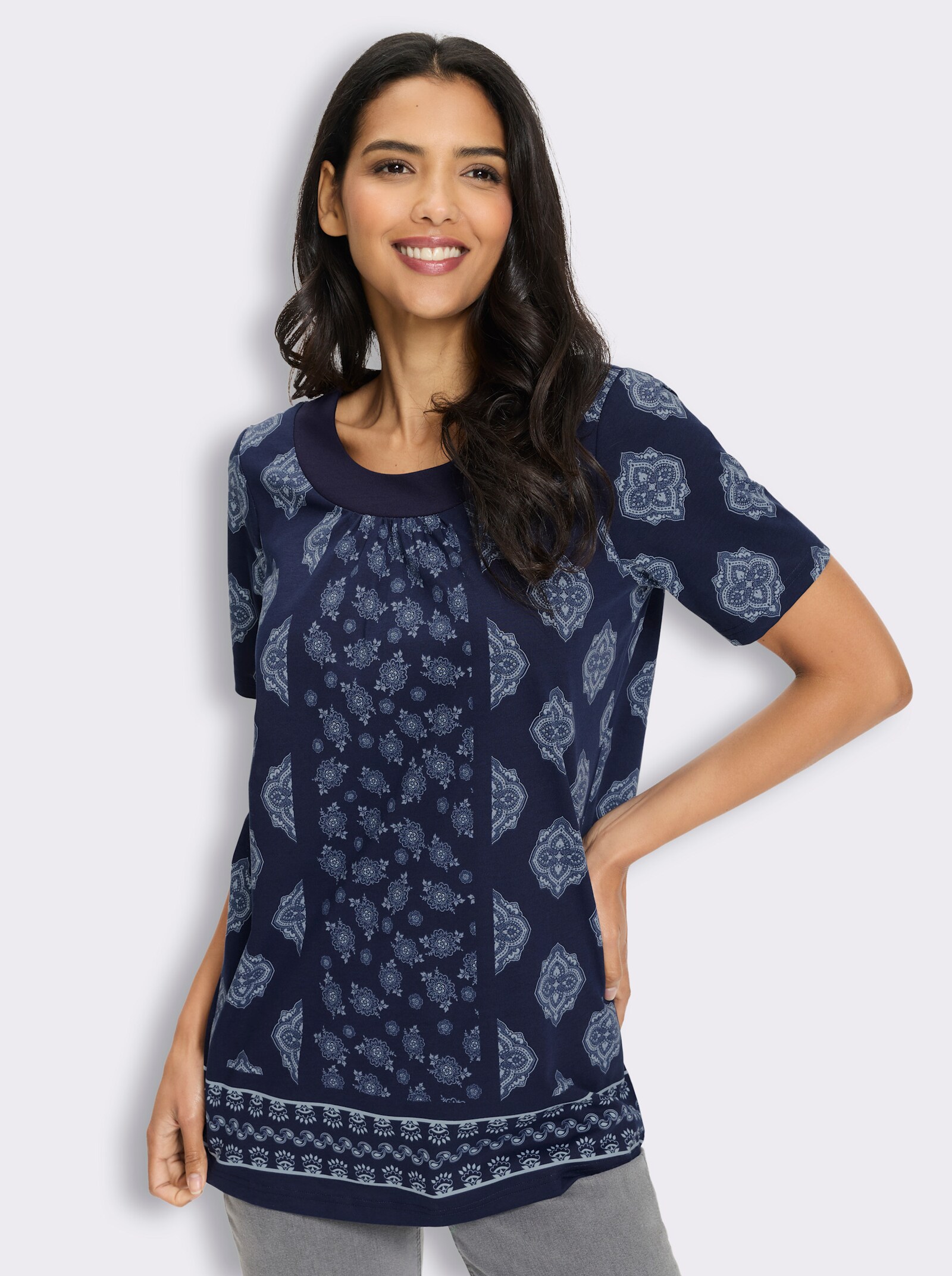 Longshirt mit gekräuseltem Rundhals-Ausschnitt - marine-hellblau-bedruckt