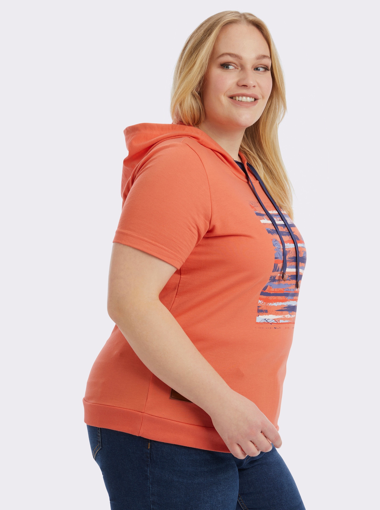 Sweatshirt mit Kapuze - papaya-dunkelblau-bedruckt