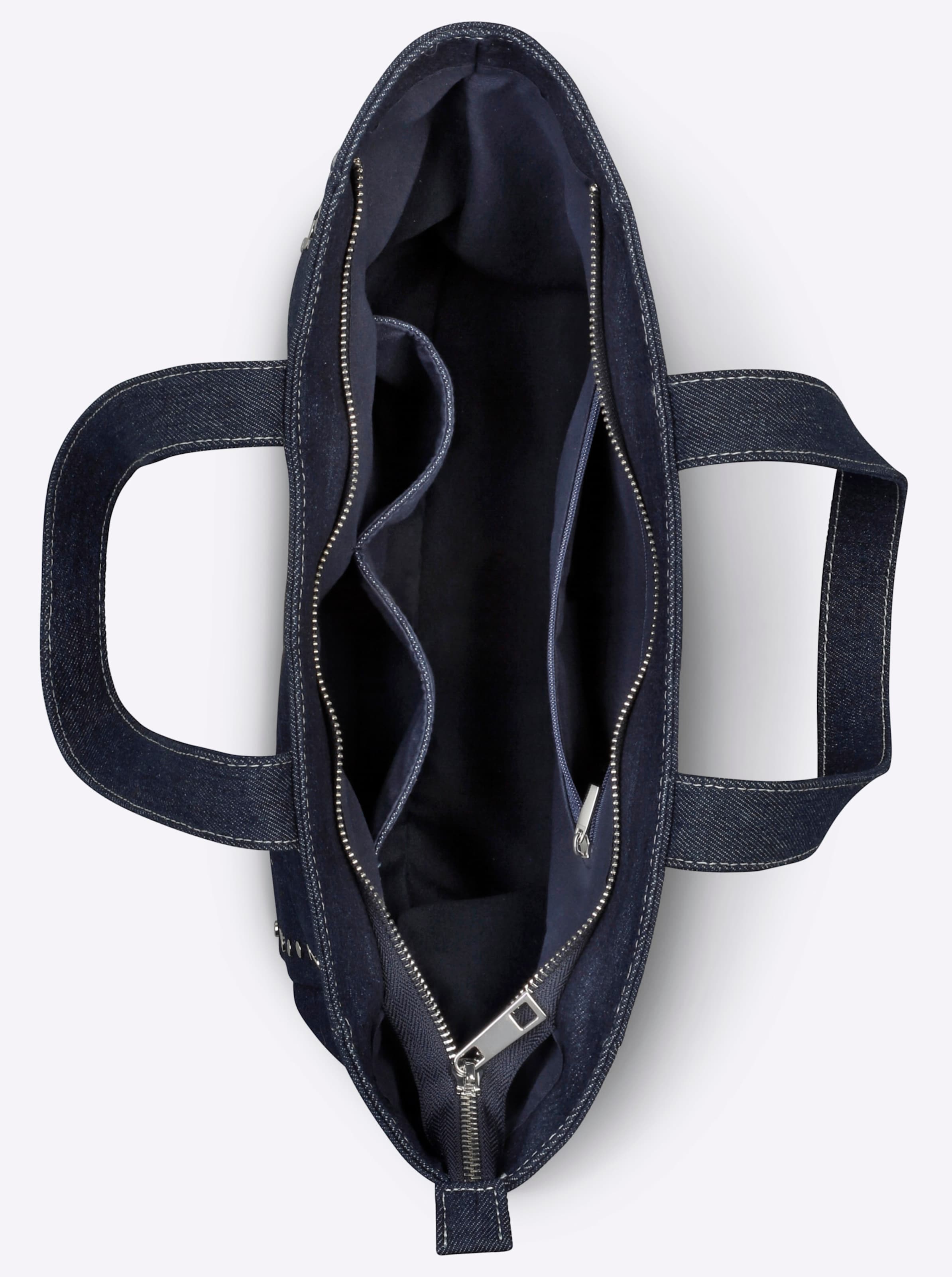 5x10 m günstig Kaufen-Tasche in marine von heine. Tasche in marine von heine <![CDATA[Tasche Im Jeans-Look mit Nieten und Kontrastnähten. Mit Reißverschluss, innen 1 Reißverschlussfach, 2 Steckfächer. Baumwolle. Ca. 28x25x10 cm.]]>. 