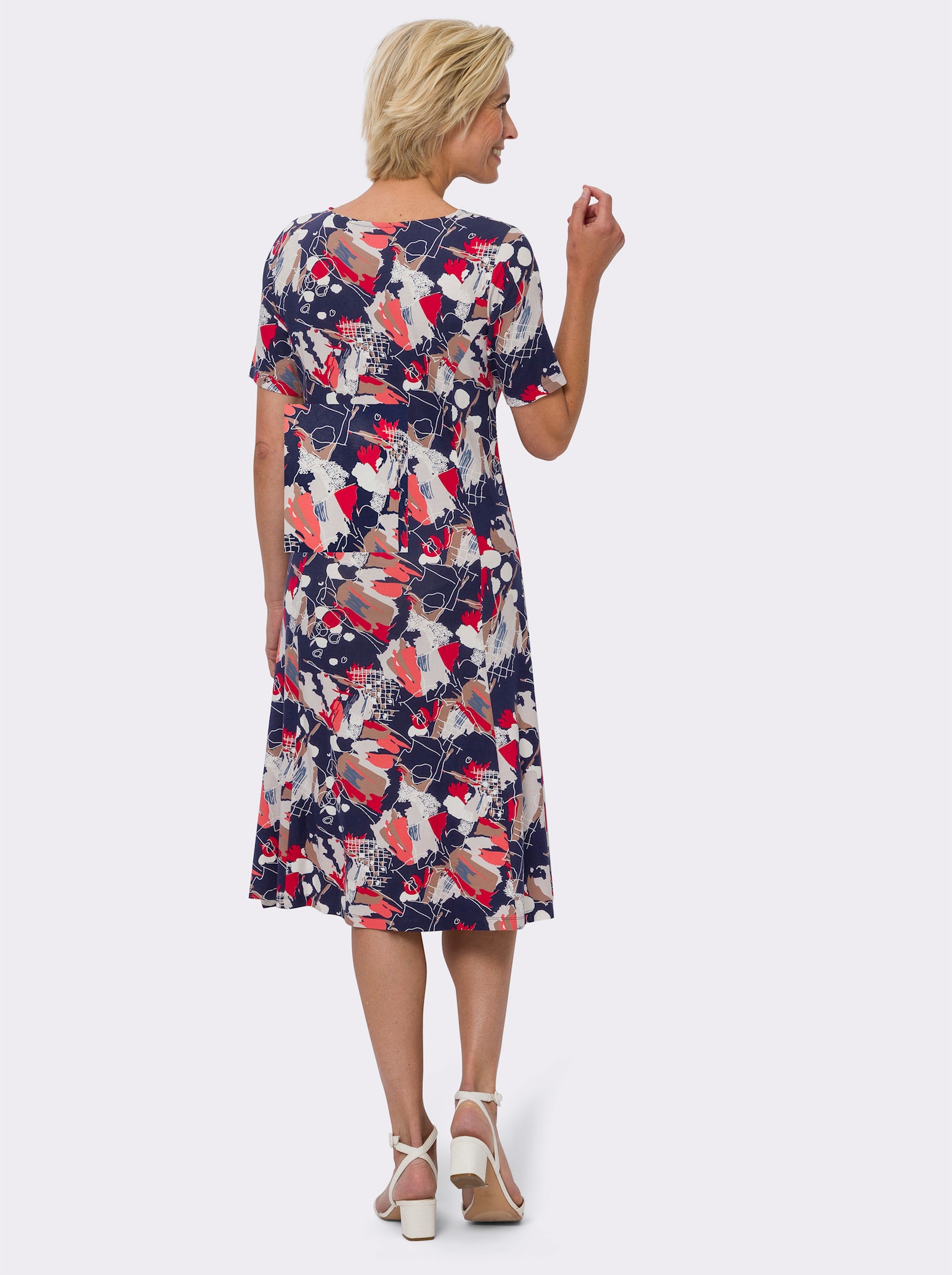 Jerseykleid mit kurzen Ärmeln - marine-koralle-bedruckt