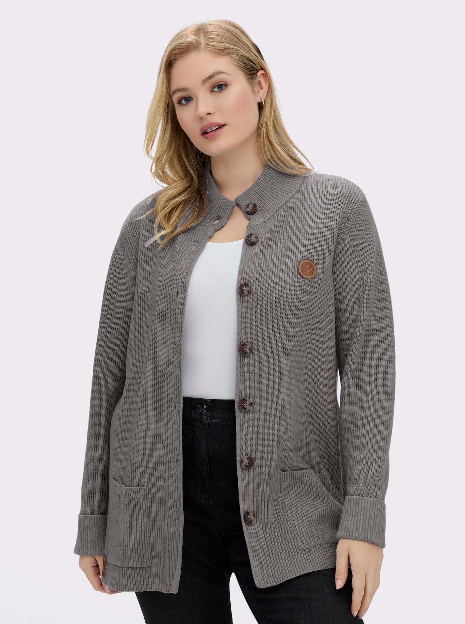 Longstrickjacke mit Stehkragen - steingrau