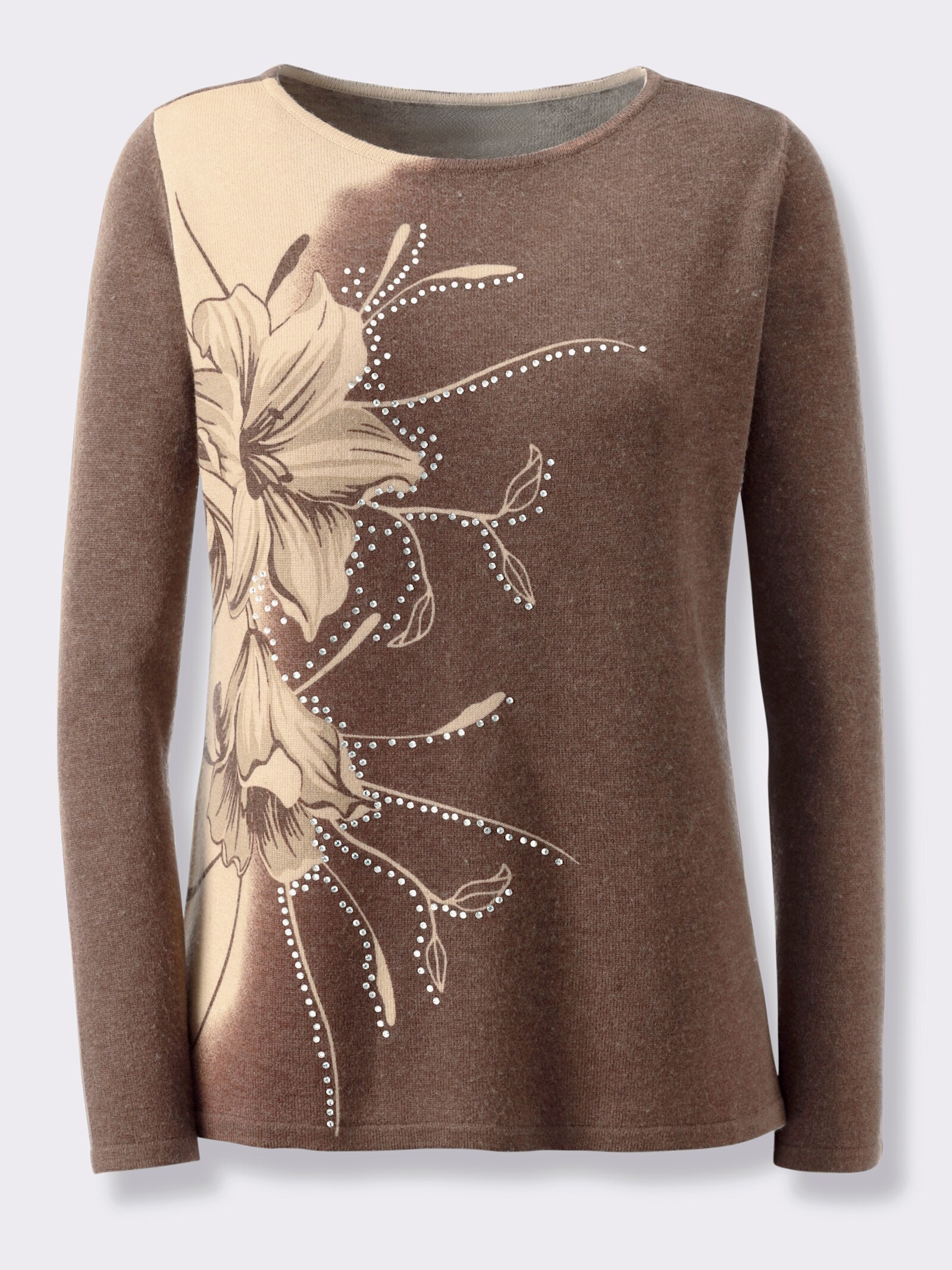 Langarm-Pullover mit Glitzersteinchen - schoko-beige-bedruckt