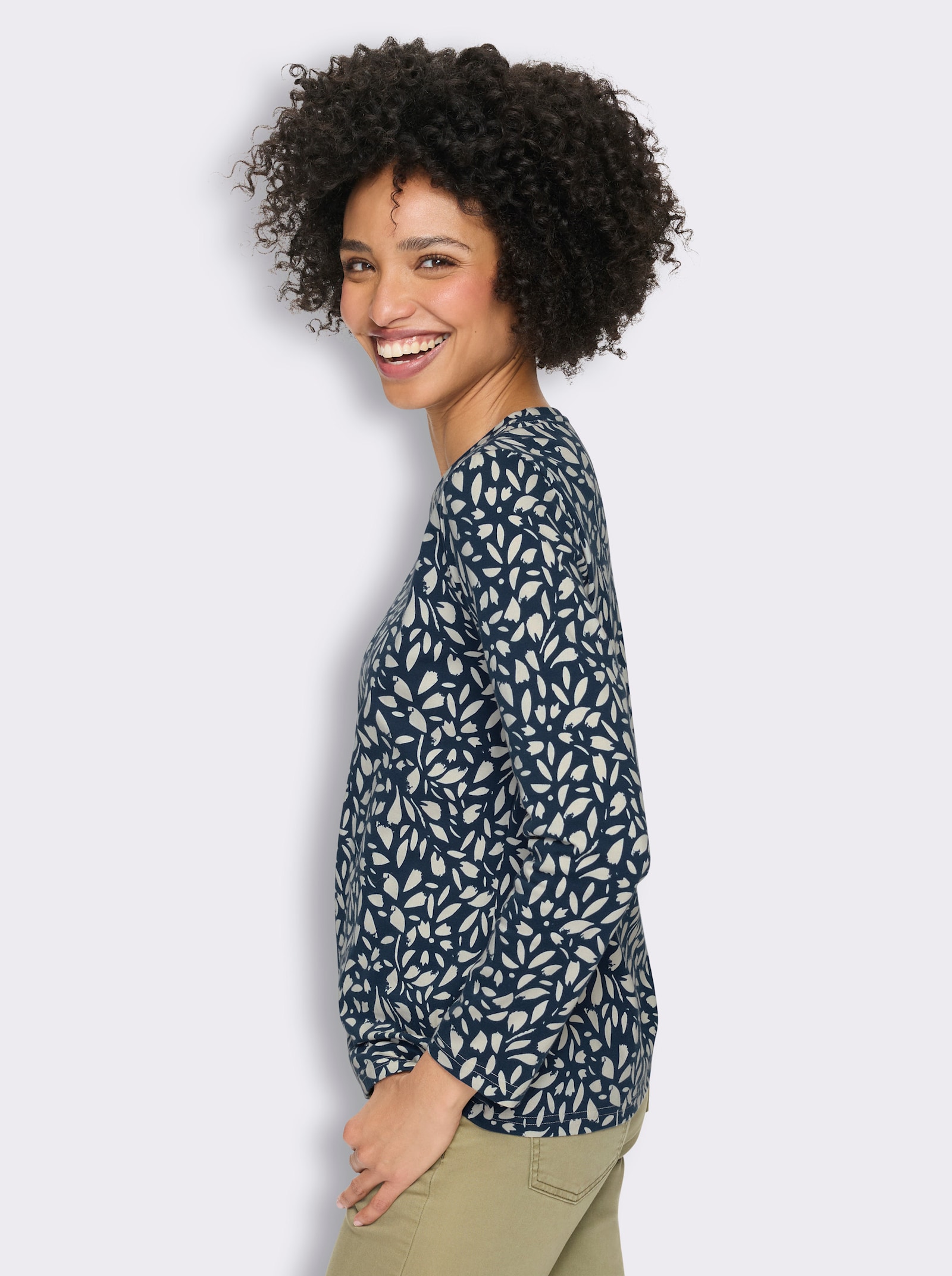 heine Langarmshirt mit Blätter-Dessin - dunkelblau-champagner-bedruckt