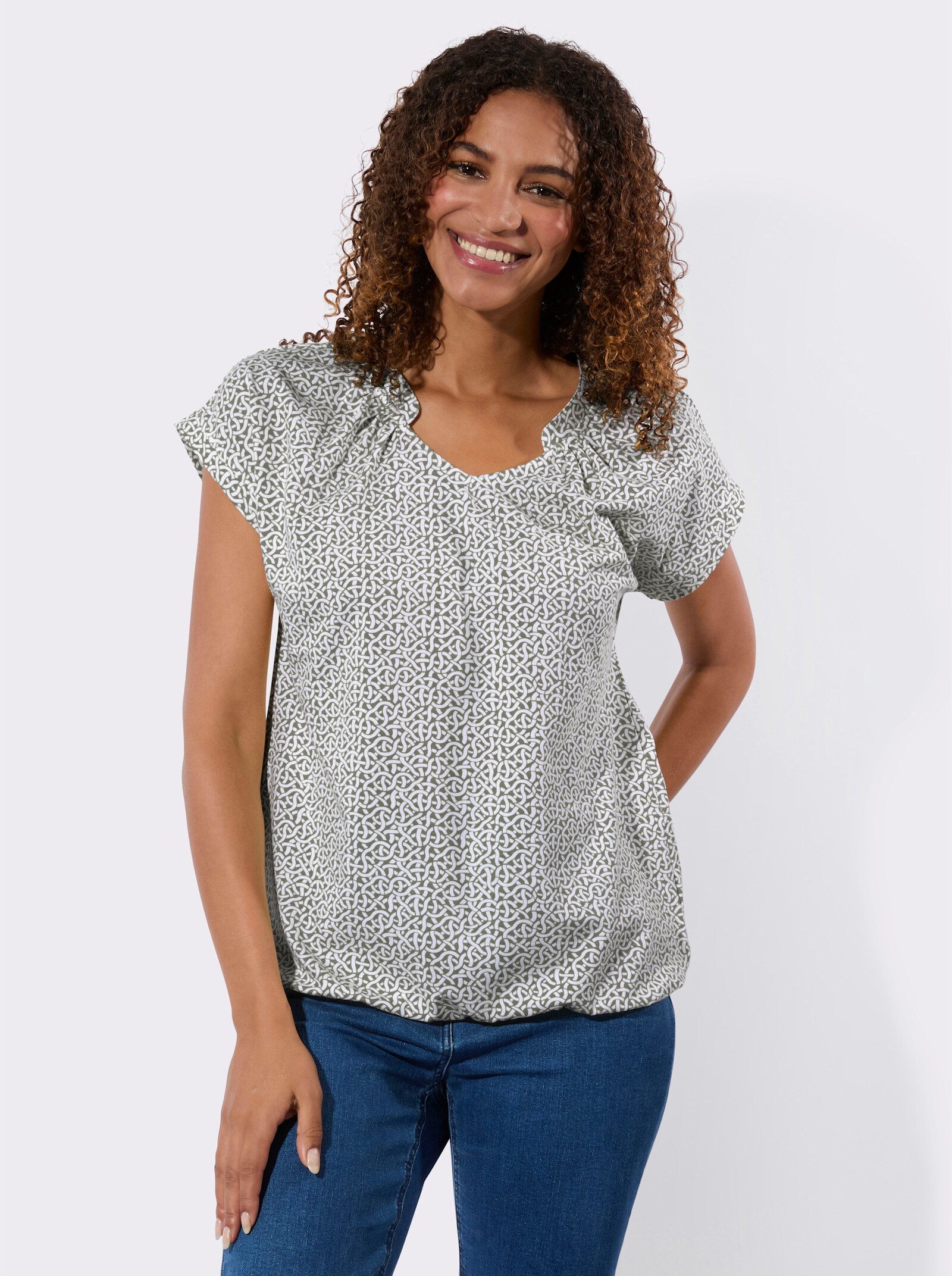 Kurzarmshirt mit kleinen Raffungen - khaki-ecru-bedruckt