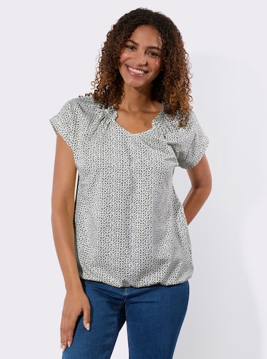 Kurzarmshirt mit kleinen Raffungen - khaki-ecru-bedruckt