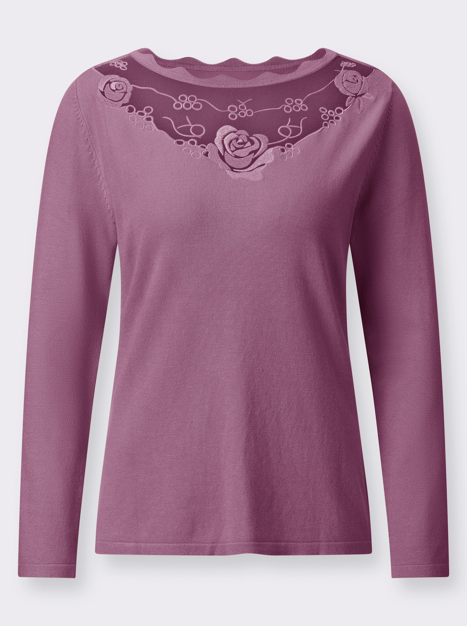 Pullover van fijntricot met geborduurde chiffoninzet - violet