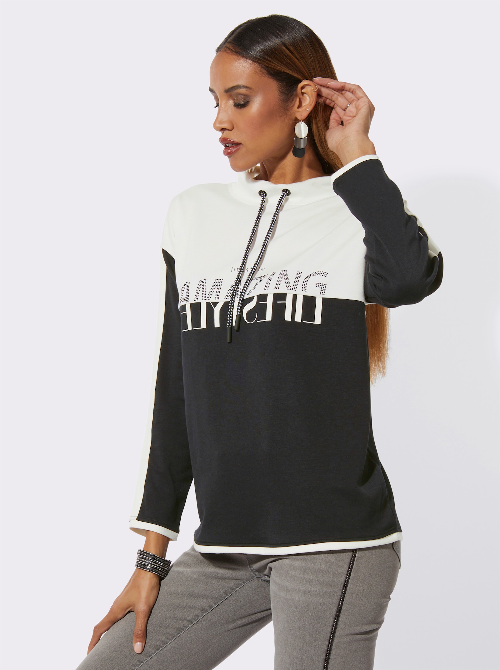 Sweatshirt mit Ziersteinchen - schwarz-ecru