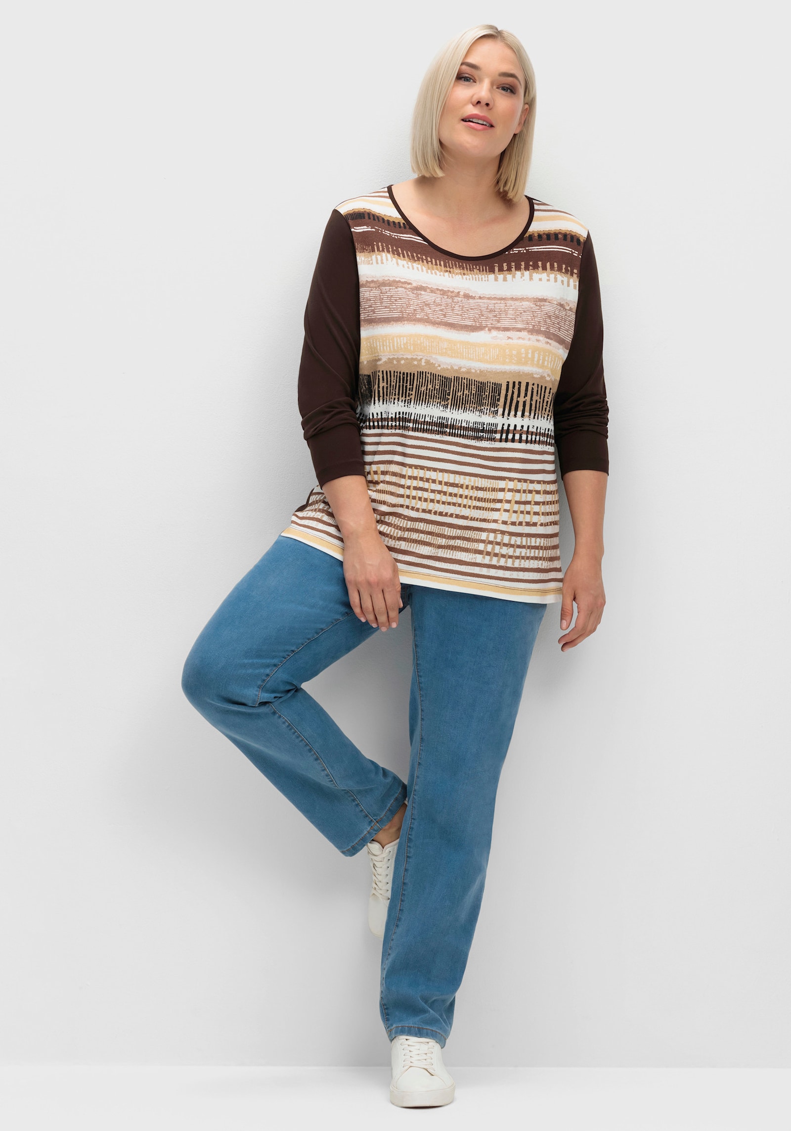 Langarmshirt mit grafischem Muster vorne - mokka-gestreift