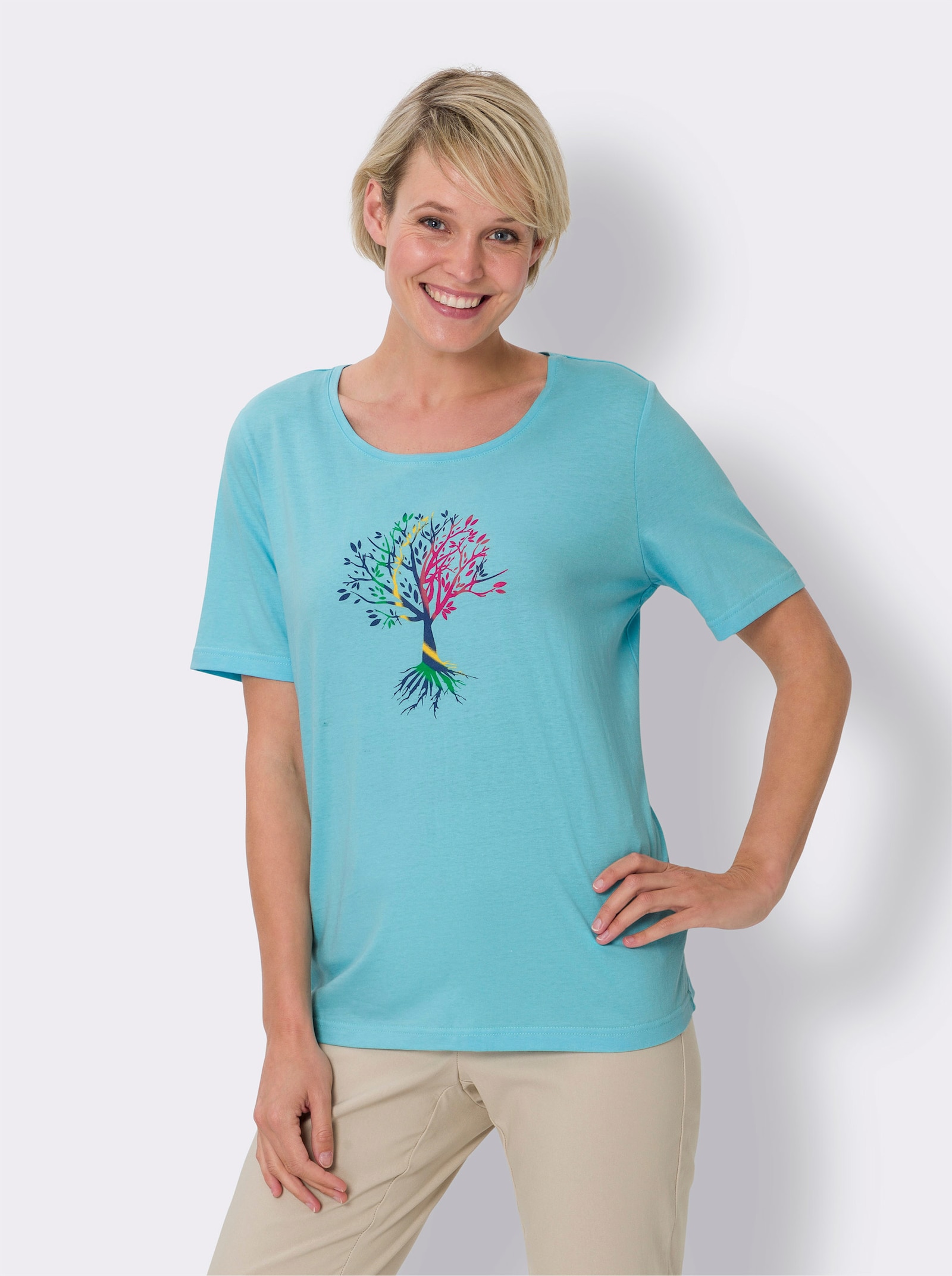 Shirt met korte mouwen en op dessin geplaatste print - aquamarine/jeansblauw