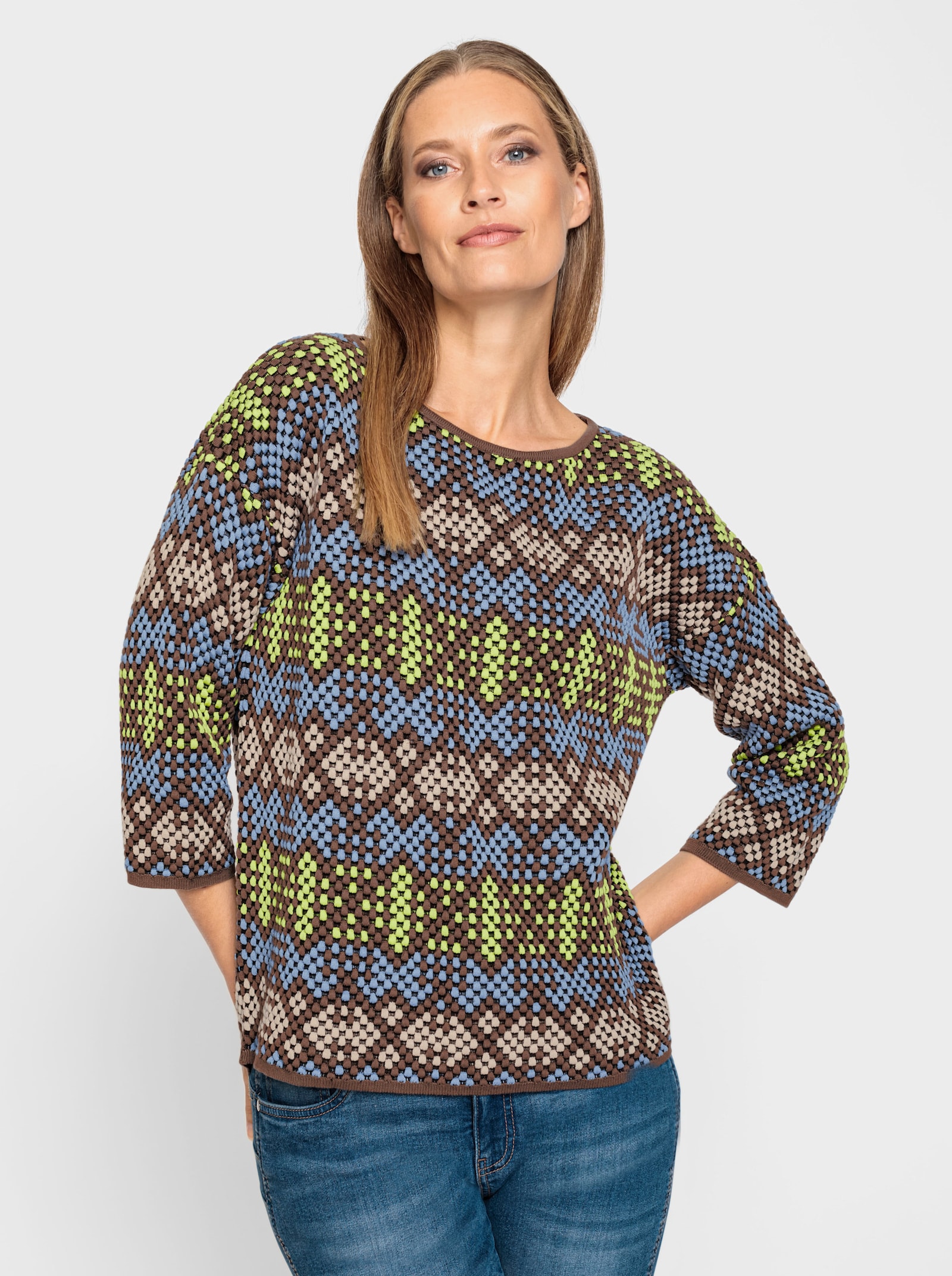 heine 3/4 Arm-Pullover mit Einstrickmuster - himmelblau-beige-gemustert