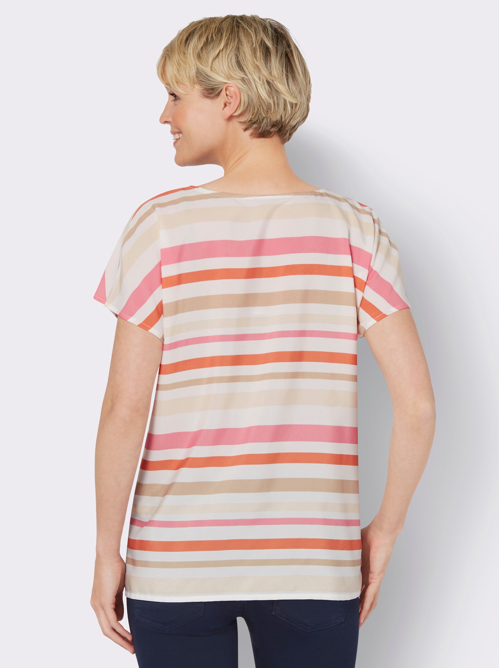 Kurzarmbluse im Ringel-Dessin - ecru-papaya-gestreift