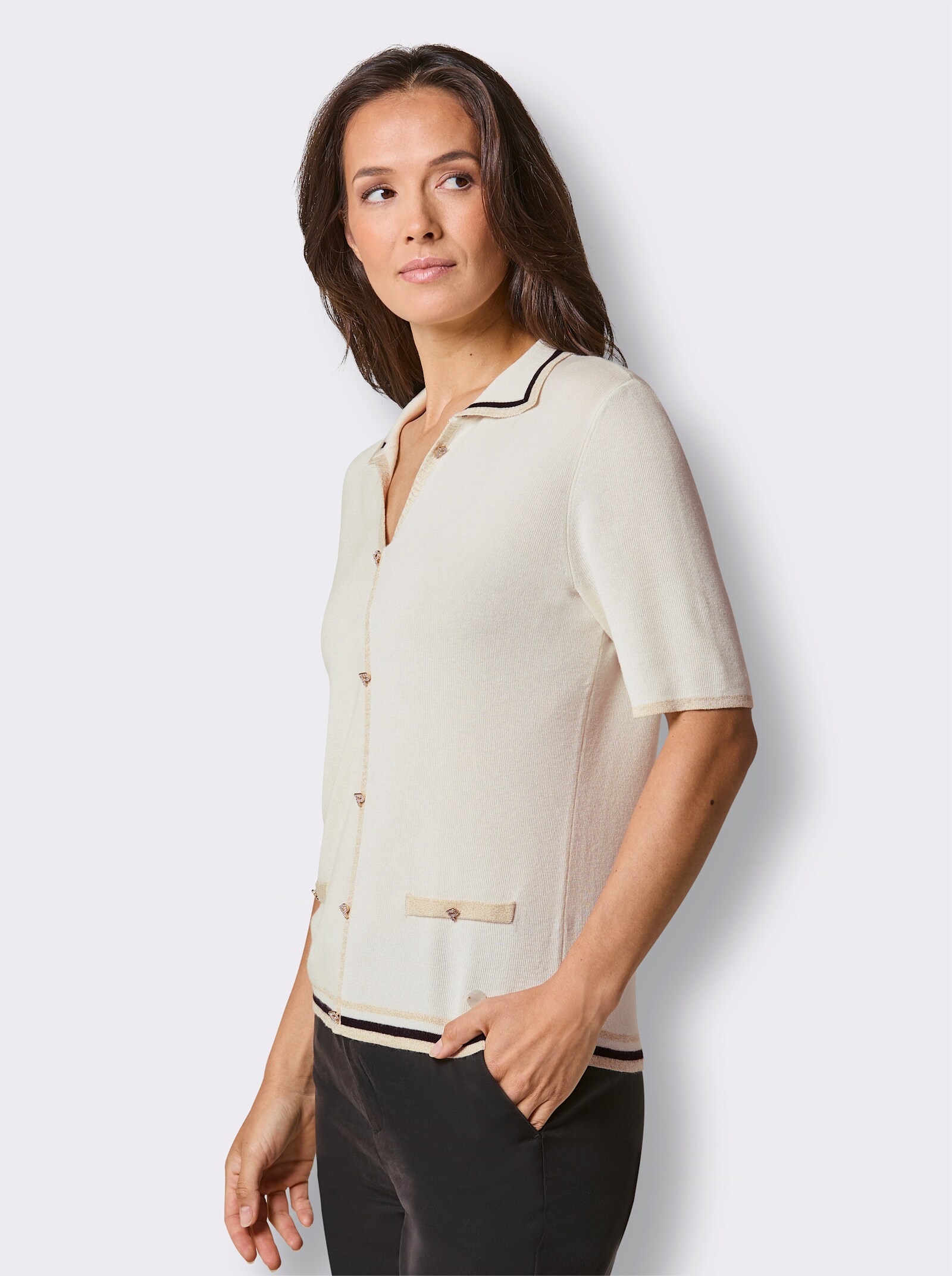CREATION L PREMIUM Kurzarmpullover mit 65% Seide - ecru-goldfarben