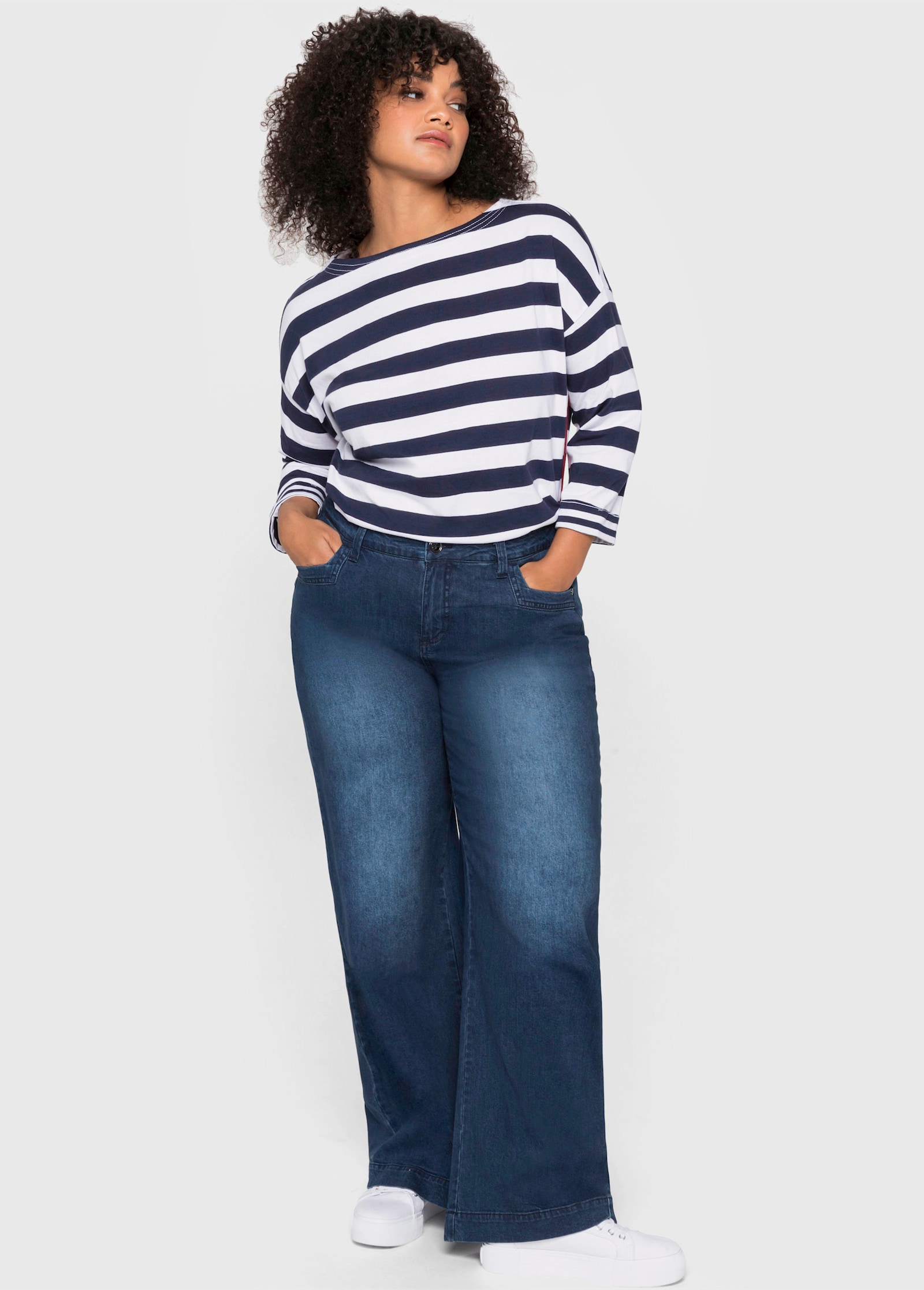 sheego Streepjesshirt met 3/4-mouwen en boothals - marine