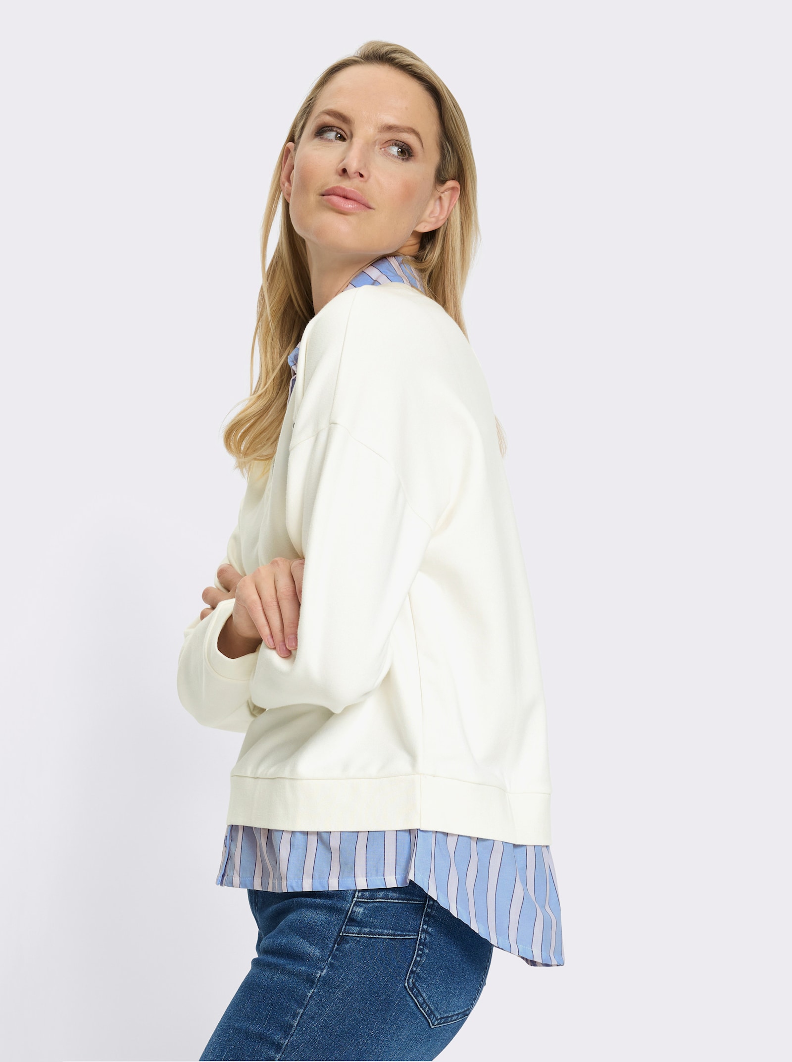 heine 2-in-1-Langarmshirt mit Hemdkragen - ecru-eisblau