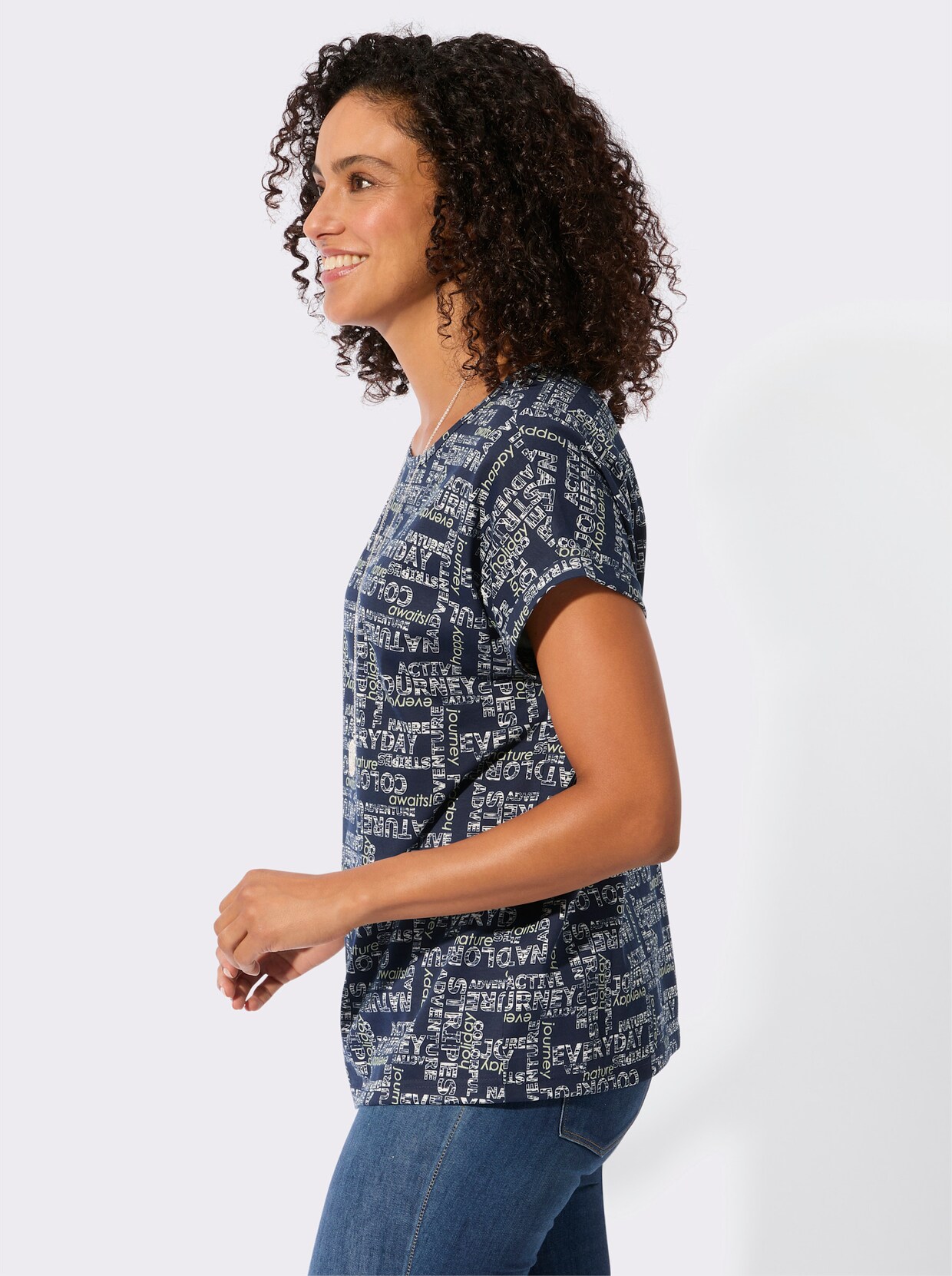 Print-Shirt mit überschnittenen Schultern - marine-ecru-bedruckt