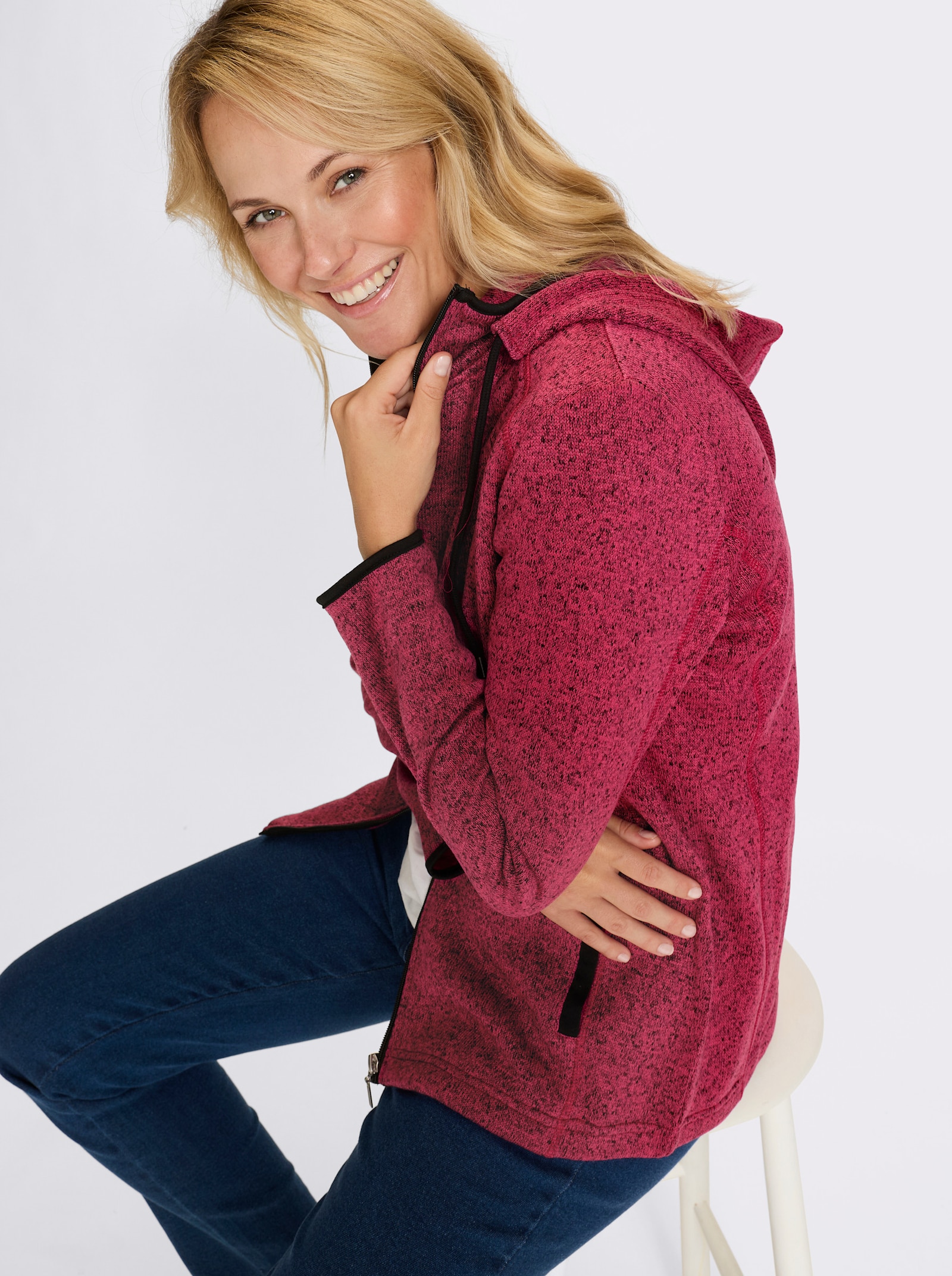 Strickfleecejacke mit Kapuze - fuchsia-schwarz-meliert