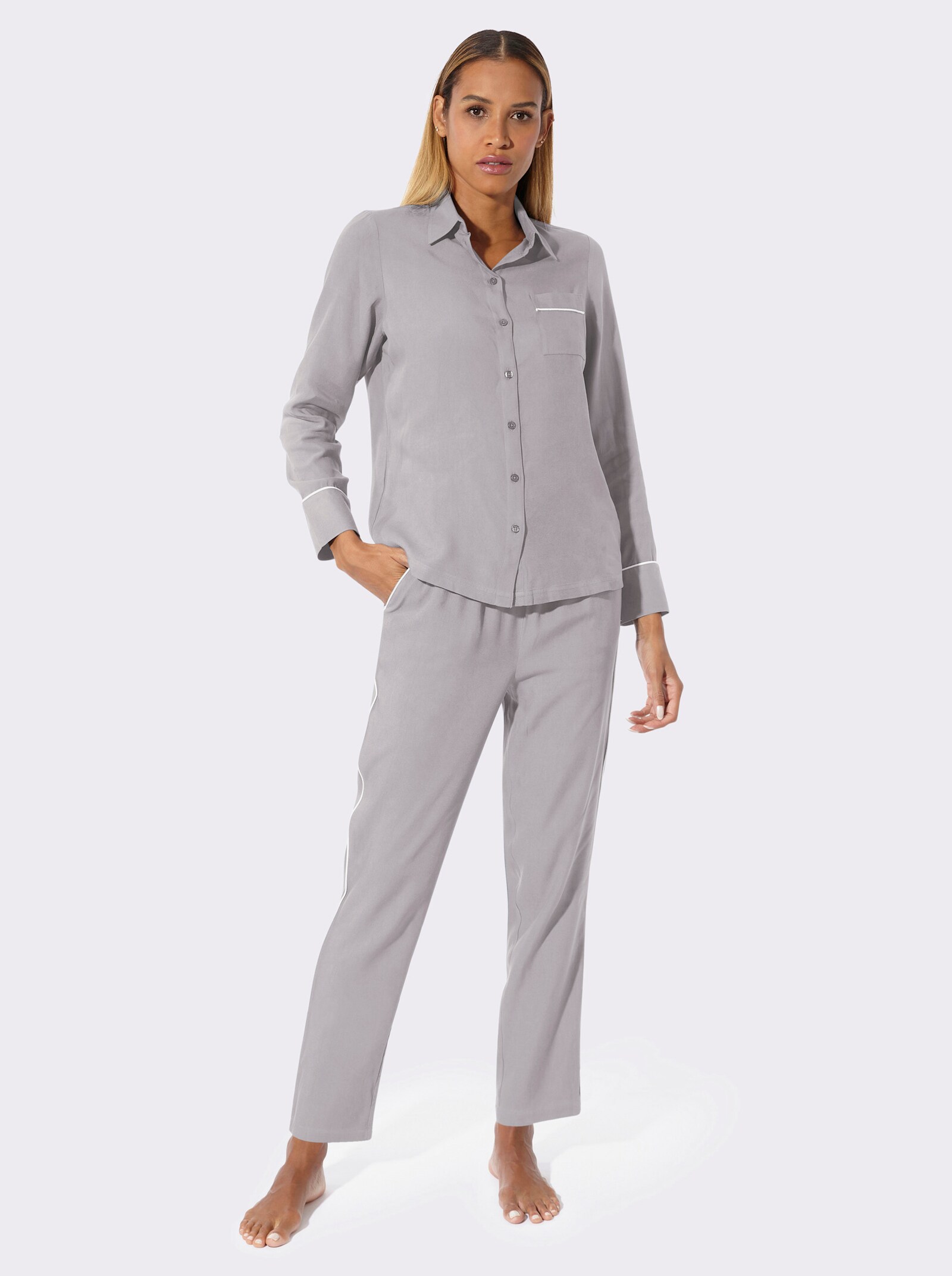 wäschepur Pyjama mit Brusttasche - steingrau-ecru