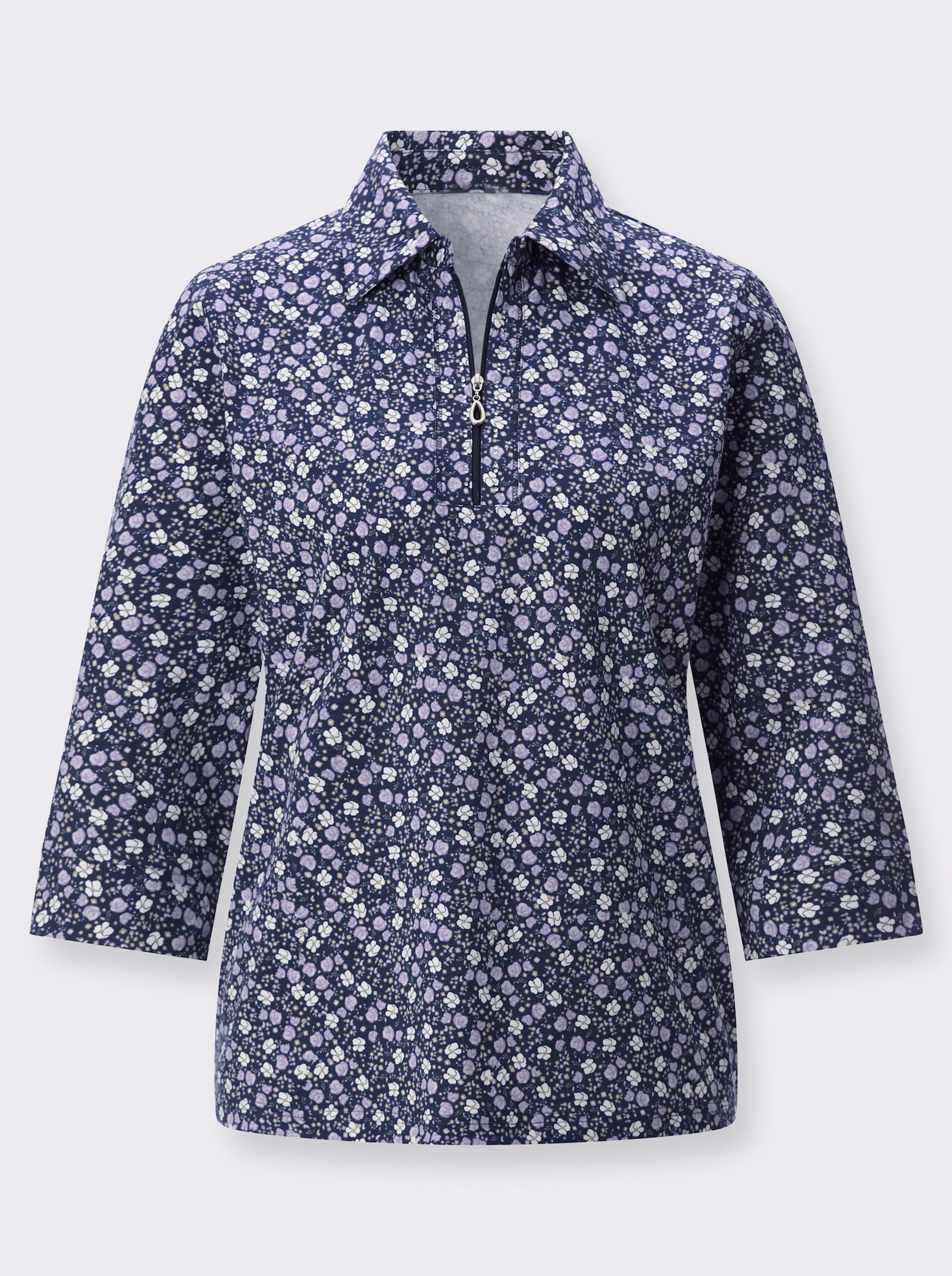 Poloshirt mit Glitzersteinchen - marine-lavendel-bedruckt