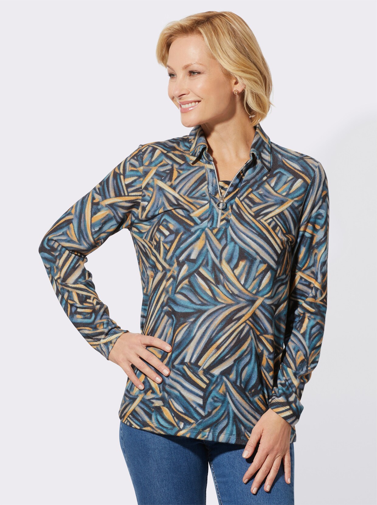 2-in-1-shirt met lange mouwen - petrol/oker bedrukt