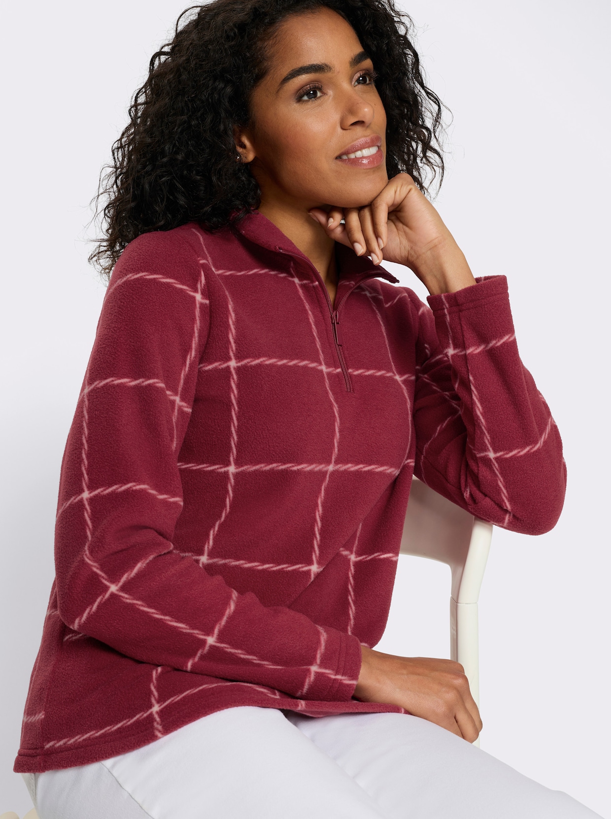 Fleeceshirt mit Karo-Muster - dunkelrot-ecru-kariert